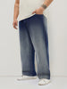 Plus Men's Dark Blue Loose Baggy Fit Heavy Washed Faded Denim Jeans Non-Stretchable