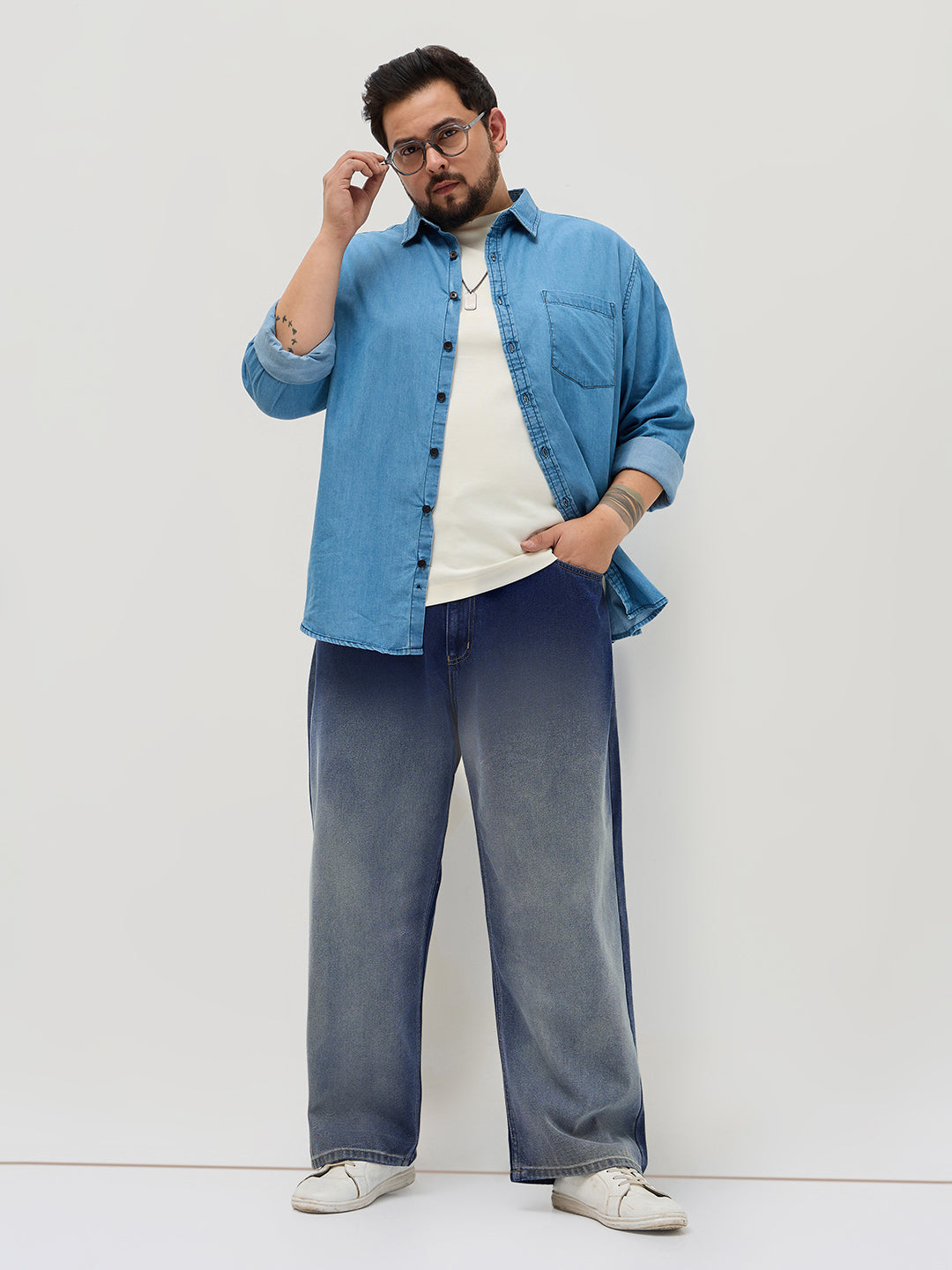 Plus Men's Dark Blue Loose Baggy Fit Heavy Washed Faded Denim Jeans Non-Stretchable