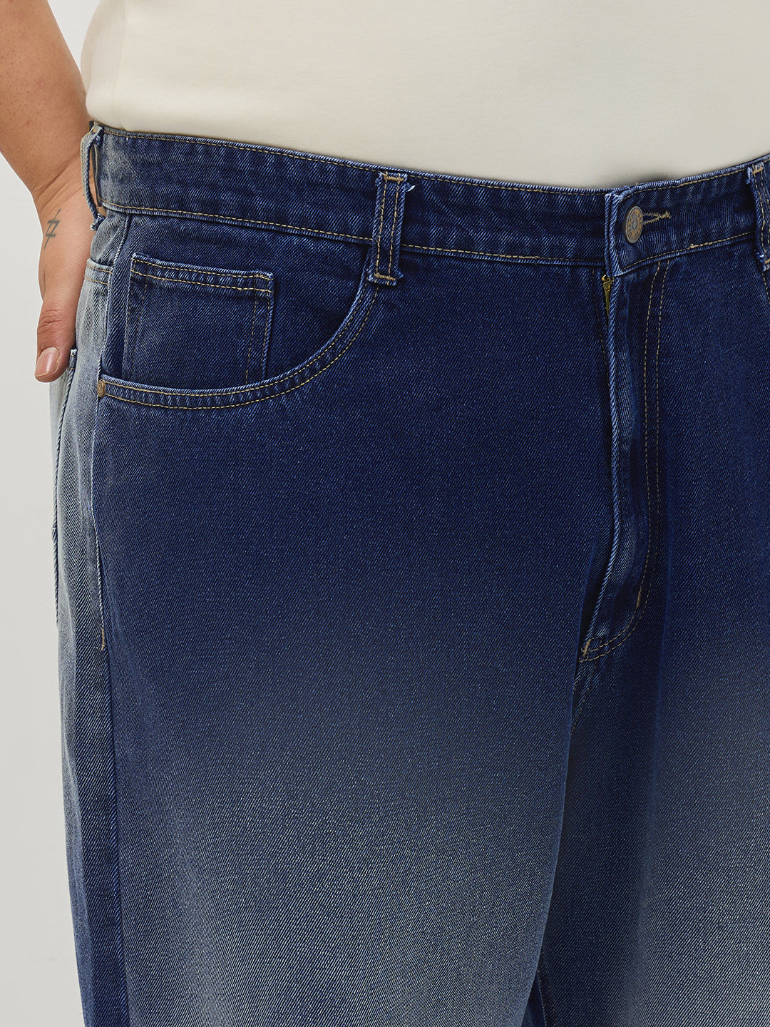 Plus Men's Dark Blue Loose Baggy Fit Heavy Washed Faded Denim Jeans Non-Stretchable