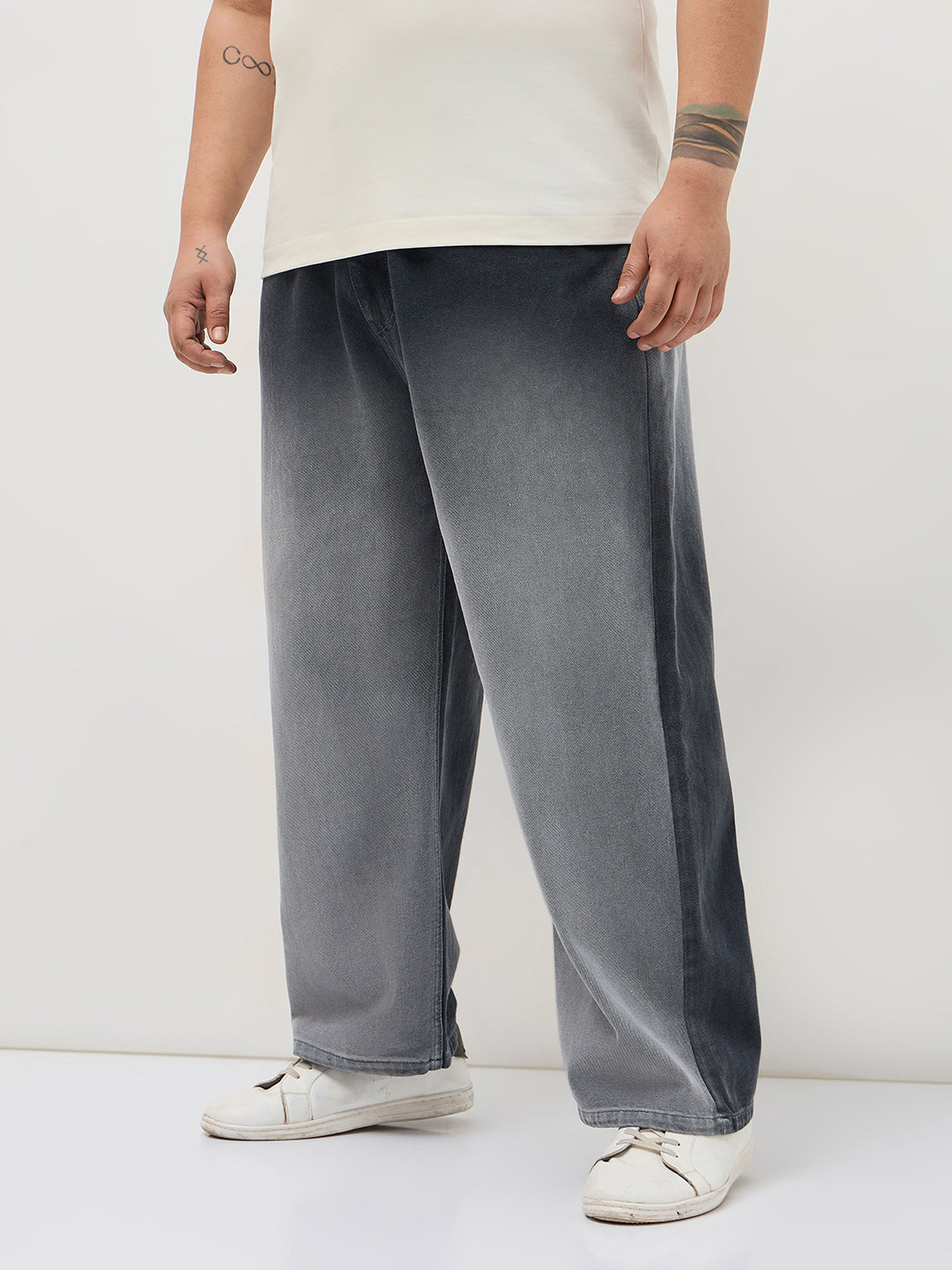 Plus Men's Dark Grey Loose Baggy Fit Heavy Washed Faded Denim Jeans Non-Stretchable