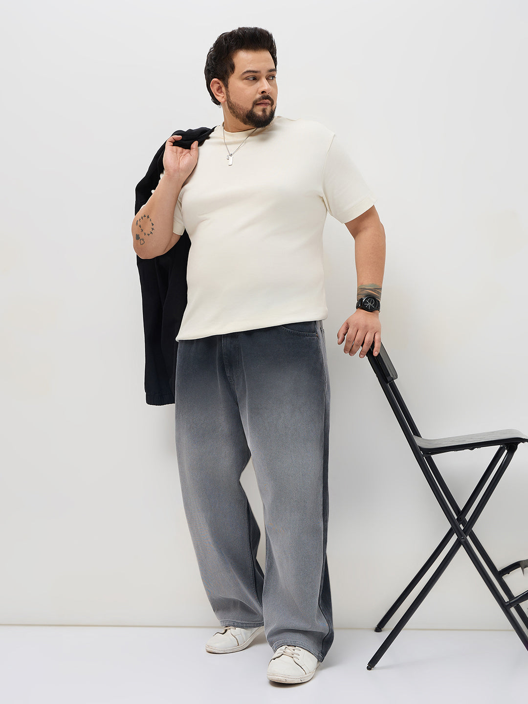 Plus Men's Dark Grey Loose Baggy Fit Heavy Washed Faded Denim Jeans Non-Stretchable