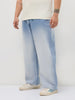 Plus Men's Ice Blue Loose Baggy Fit Heavy Washed Faded Denim Jeans Non-Stretchable