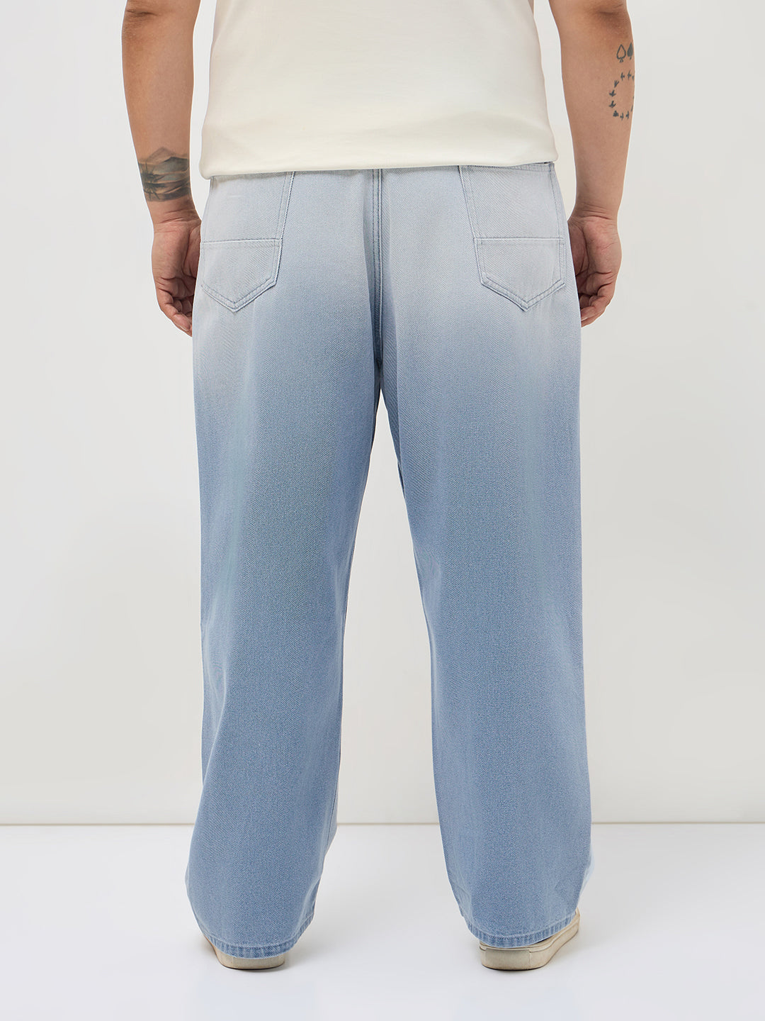 Plus Men's Ice Blue Loose Baggy Fit Heavy Washed Faded Denim Jeans Non-Stretchable