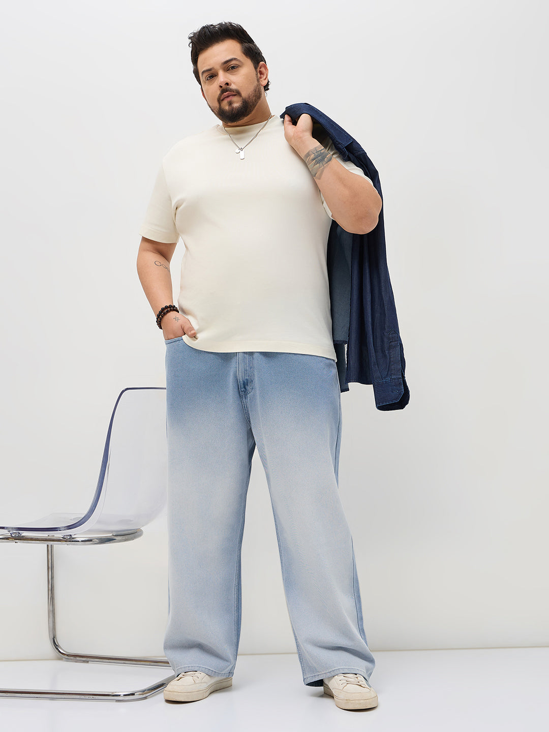 Plus Men's Ice Blue Loose Baggy Fit Heavy Washed Faded Denim Jeans Non-Stretchable