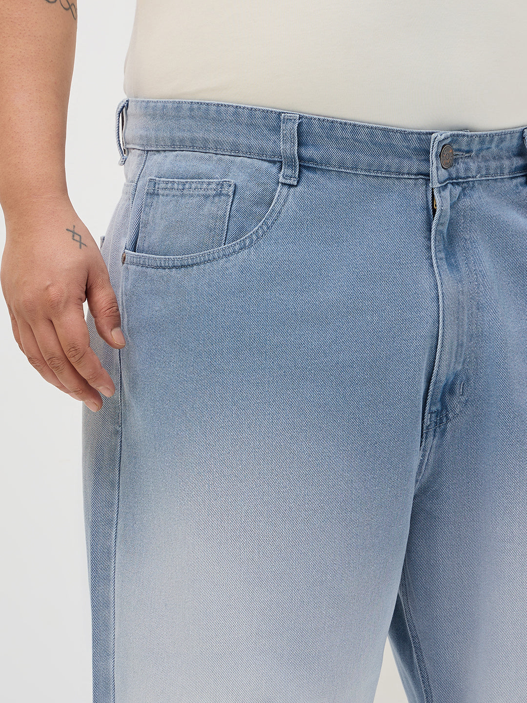 Plus Men's Ice Blue Loose Baggy Fit Heavy Washed Faded Denim Jeans Non-Stretchable