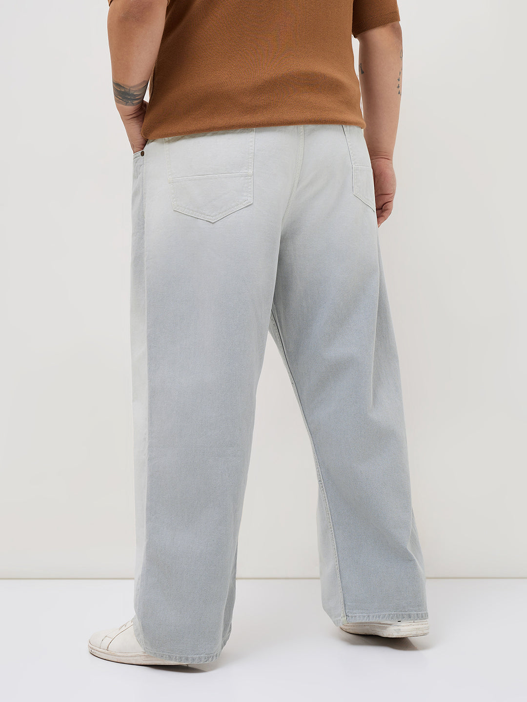 Plus Men's Ice Grey Loose Baggy Fit Heavy Washed Faded Denim Jeans Non-Stretchable