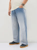 Plus Men's Light Blue Loose Baggy Fit Heavy Washed Faded Denim Jeans Non-Stretchable