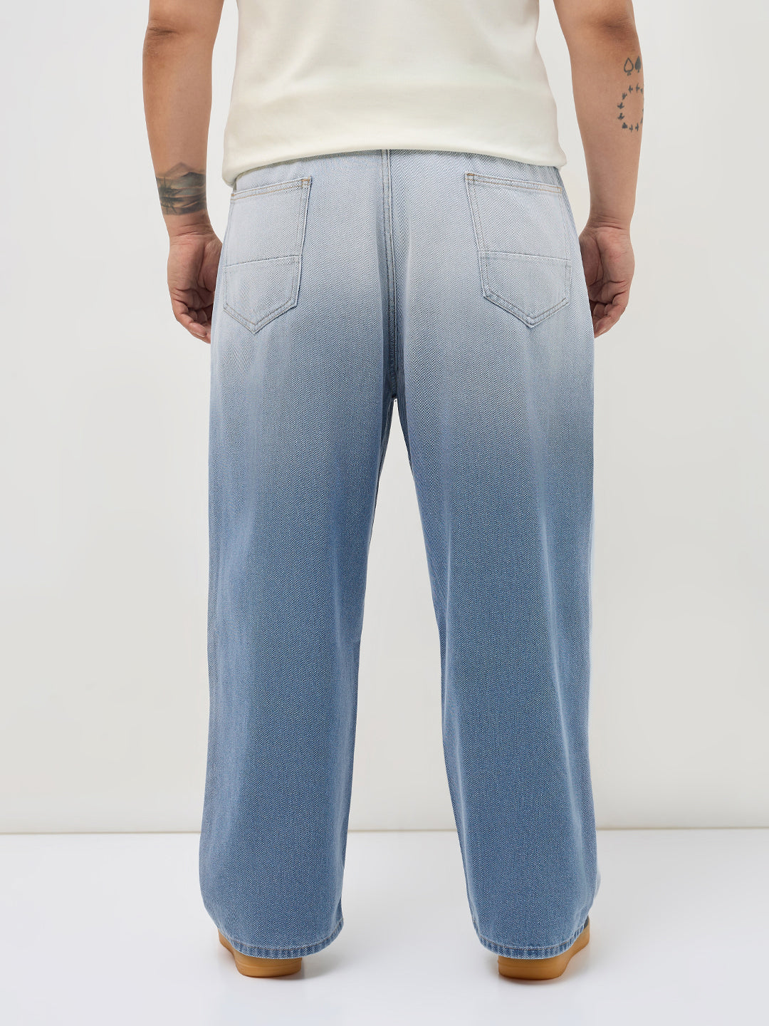 Plus Men's Light Blue Loose Baggy Fit Heavy Washed Faded Denim Jeans Non-Stretchable