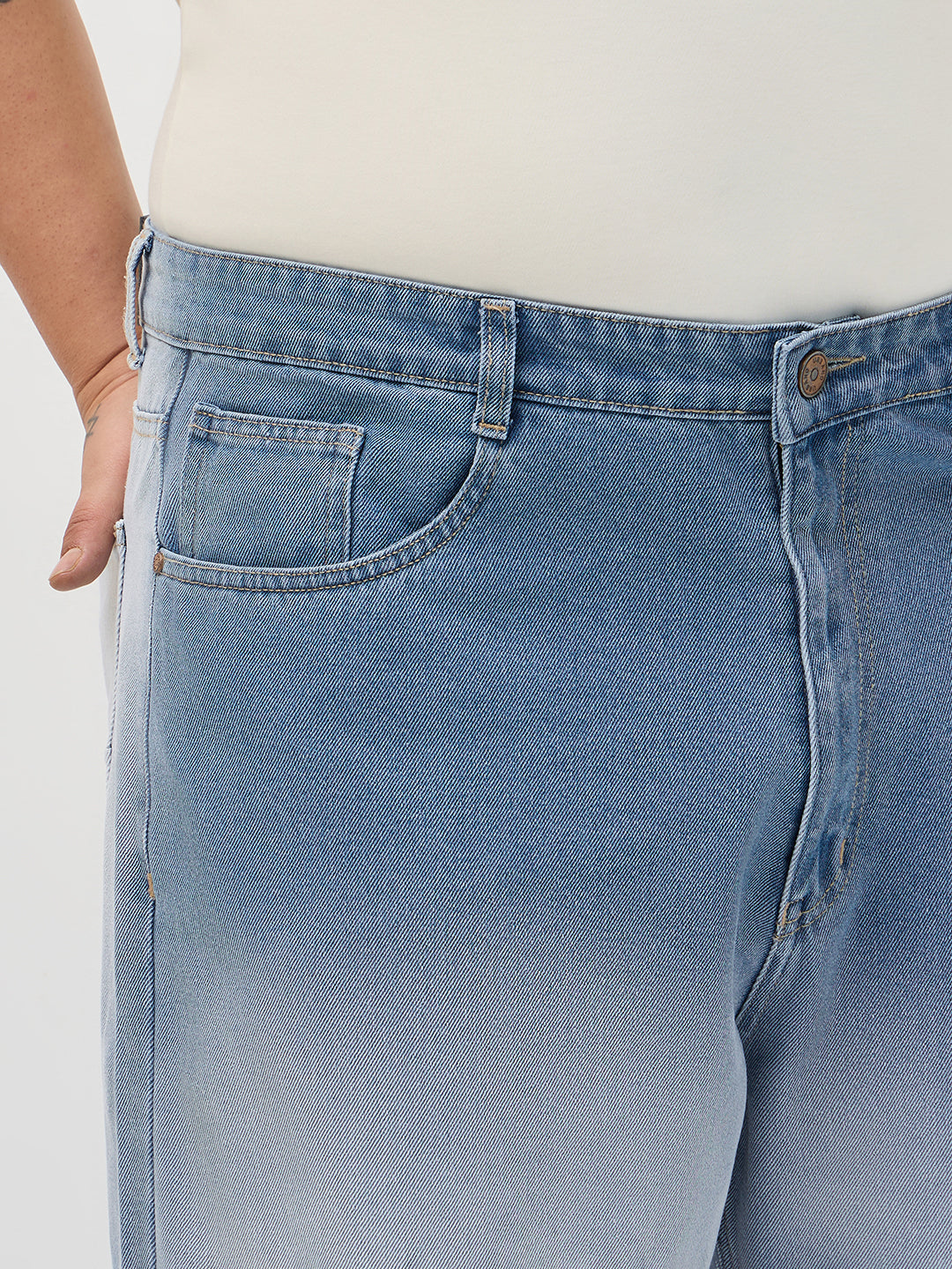 Plus Men's Light Blue Loose Baggy Fit Heavy Washed Faded Denim Jeans Non-Stretchable