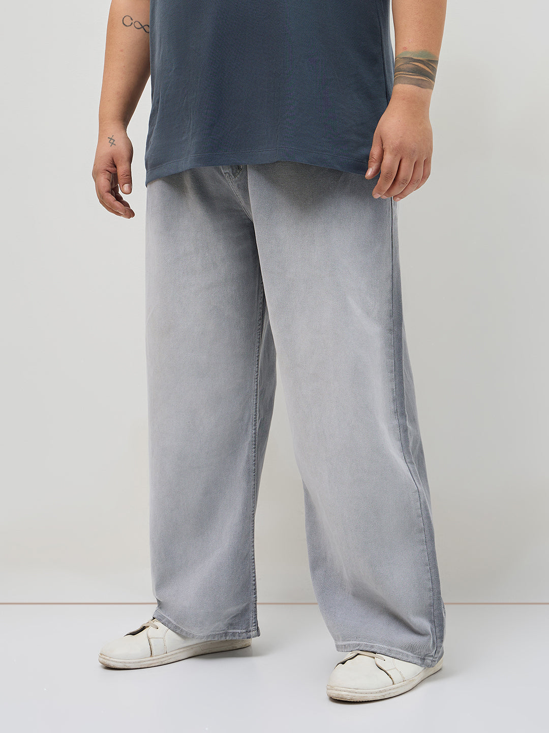 Plus Men's Light Grey Loose Baggy Fit Heavy Washed Faded Denim Jeans Non-Stretchable