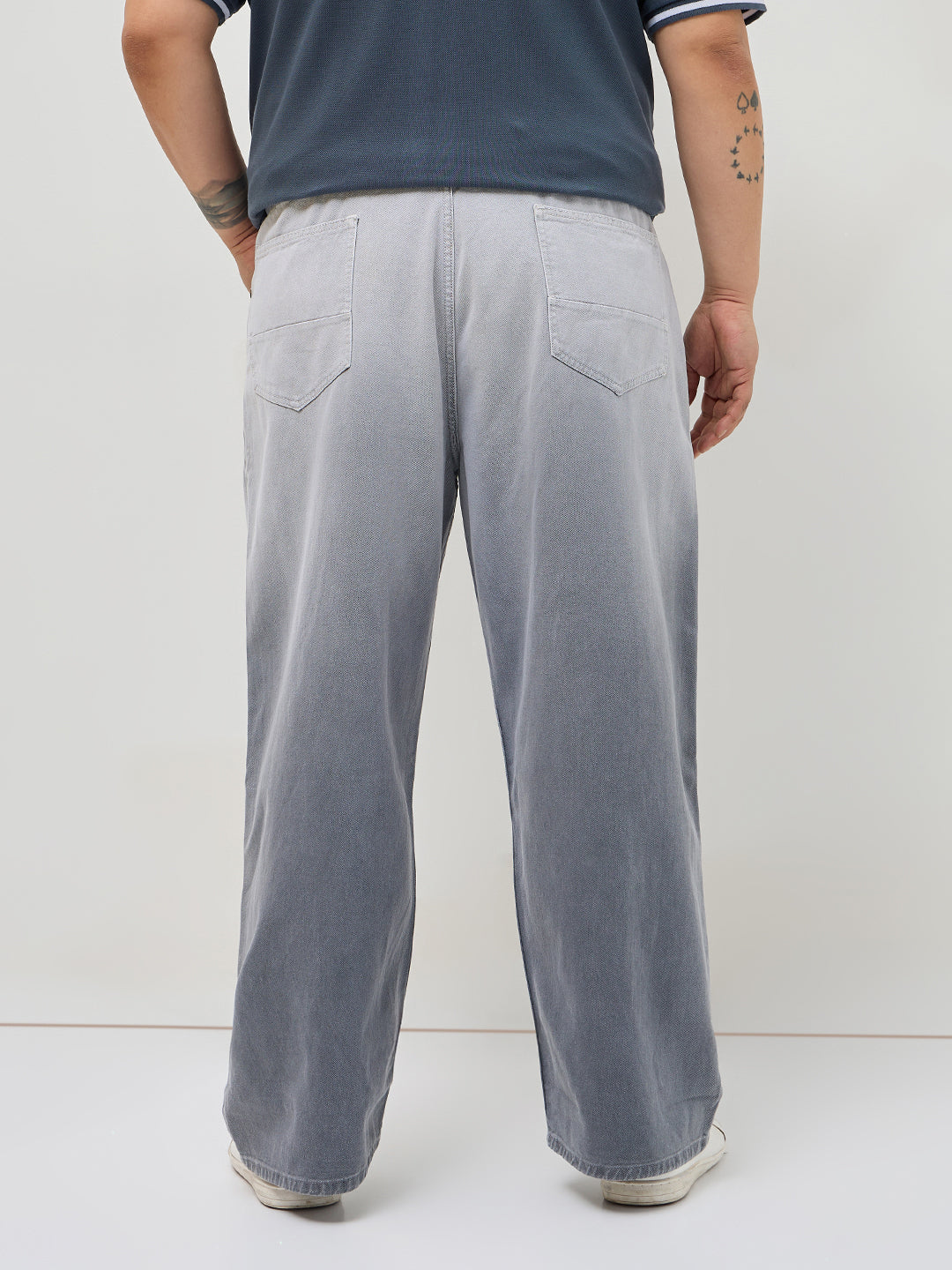 Plus Men's Light Grey Loose Baggy Fit Heavy Washed Faded Denim Jeans Non-Stretchable