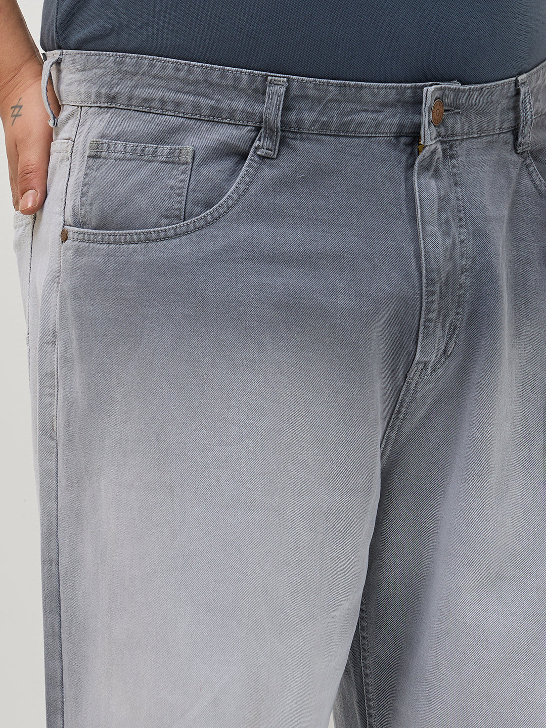 Plus Men's Light Grey Loose Baggy Fit Heavy Washed Faded Denim Jeans Non-Stretchable