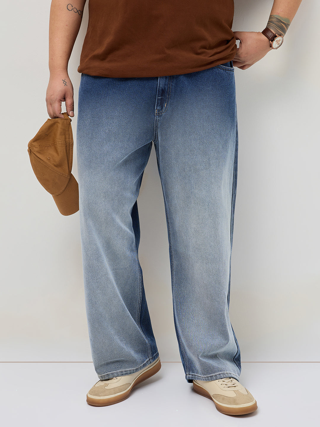 Plus Men's Blue Loose Baggy Fit Heavy Washed Faded Denim Jeans Non-Stretchable