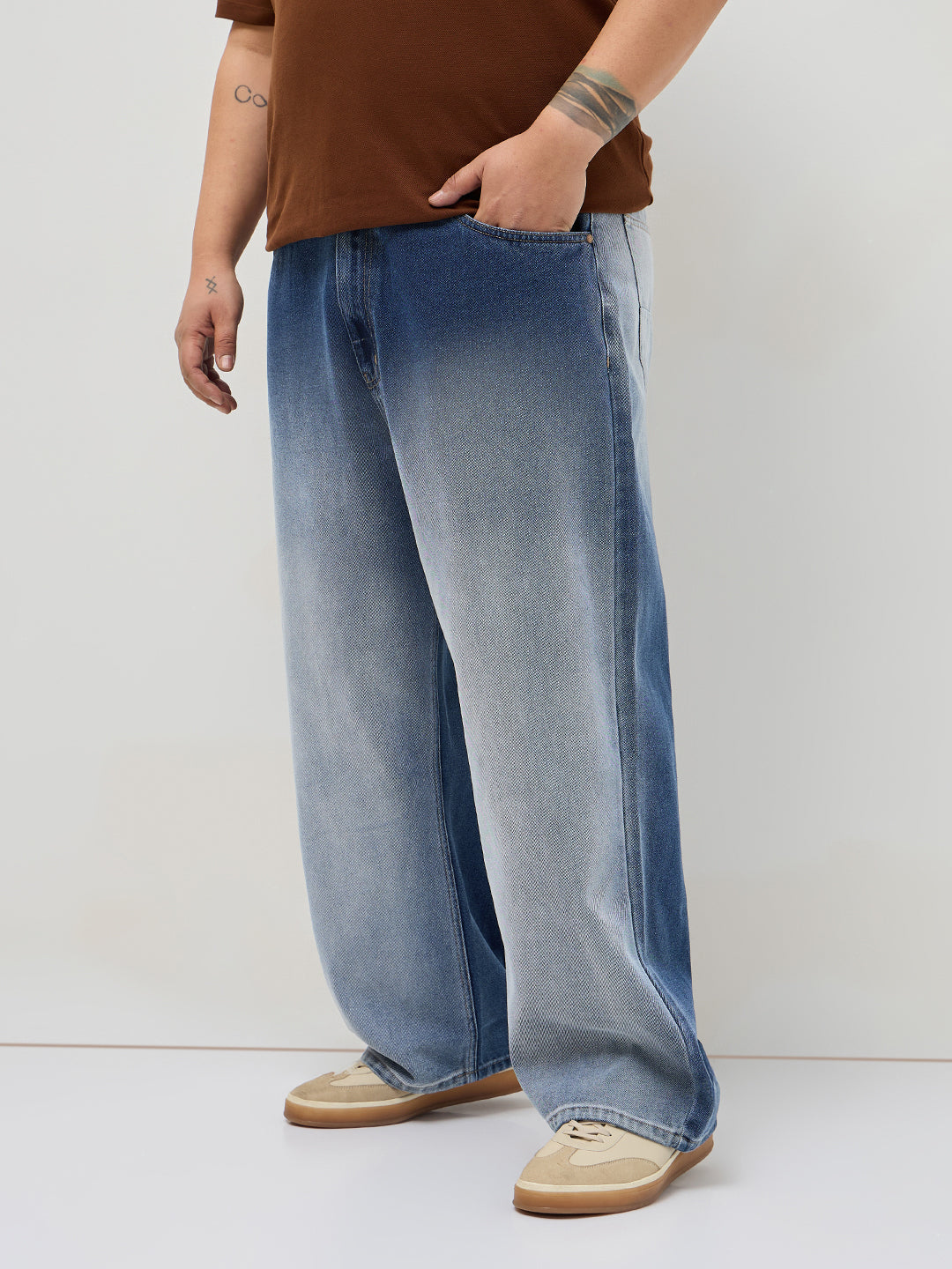 Plus Men's Blue Loose Baggy Fit Heavy Washed Faded Denim Jeans Non-Stretchable