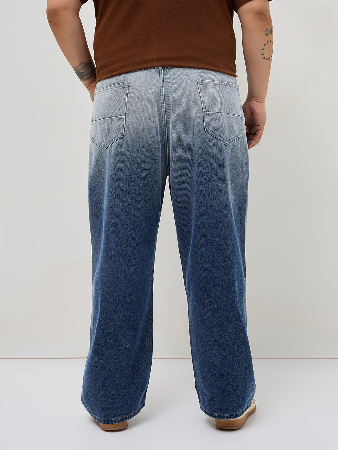 Plus Men's Blue Loose Baggy Fit Heavy Washed Faded Denim Jeans Non-Stretchable