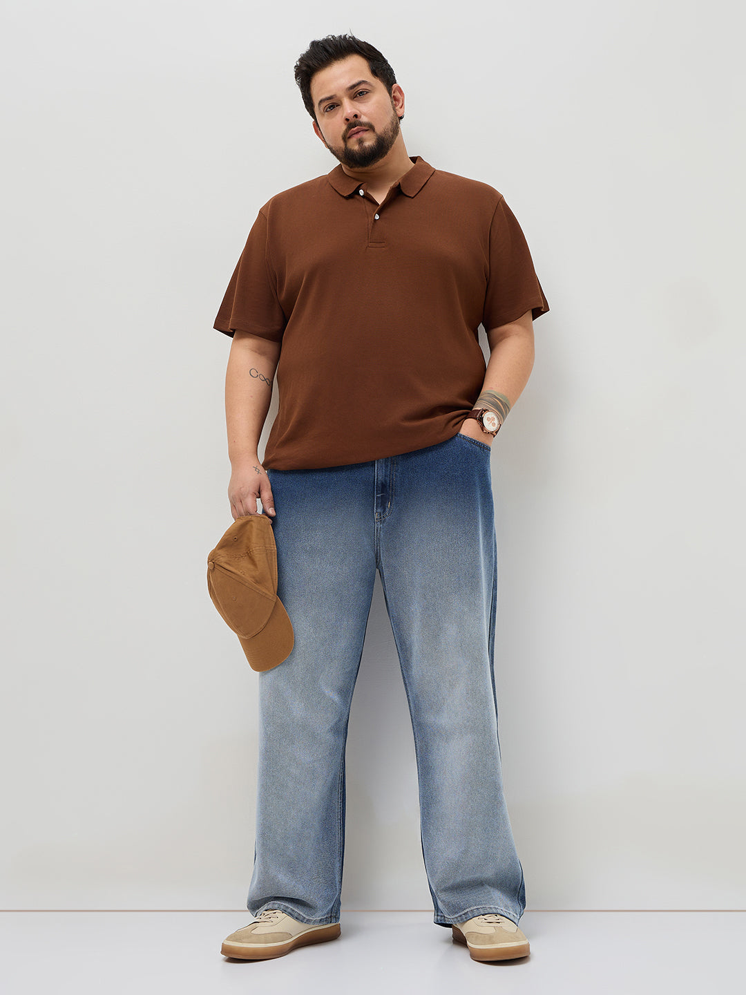 Plus Men's Blue Loose Baggy Fit Heavy Washed Faded Denim Jeans Non-Stretchable