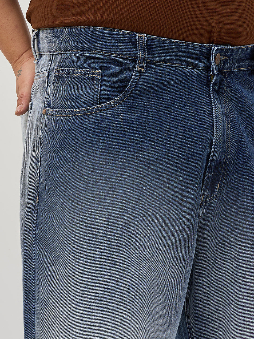 Plus Men's Blue Loose Baggy Fit Heavy Washed Faded Denim Jeans Non-Stretchable