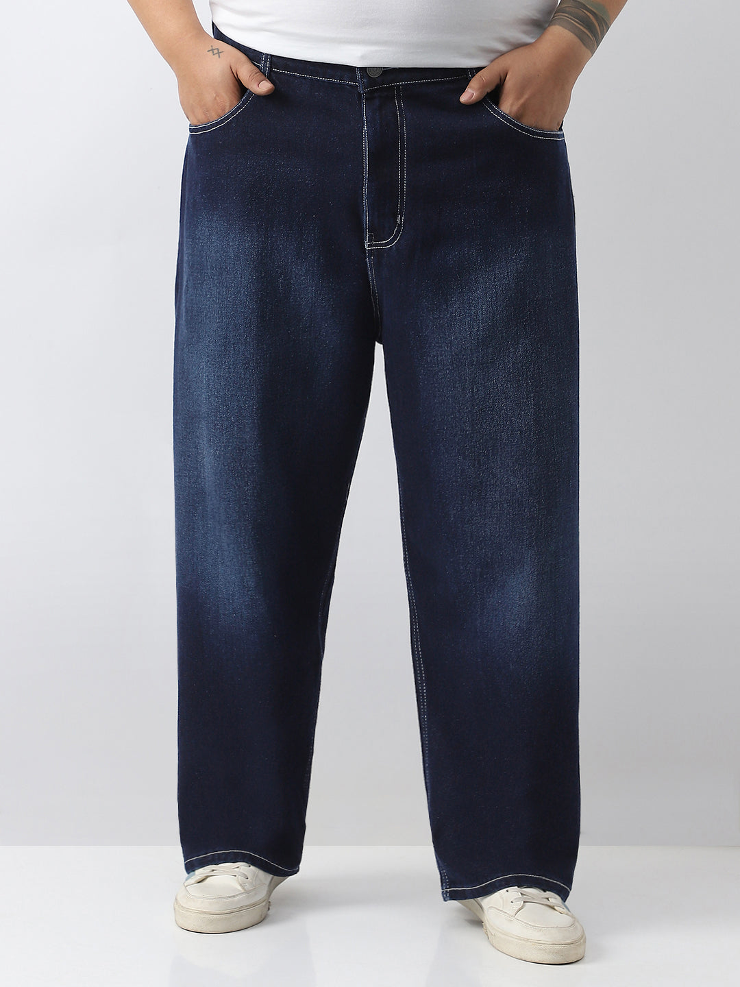Plus Men's Dark Blue Loose Baggy Fit Washed Jeans Non-Stretchable