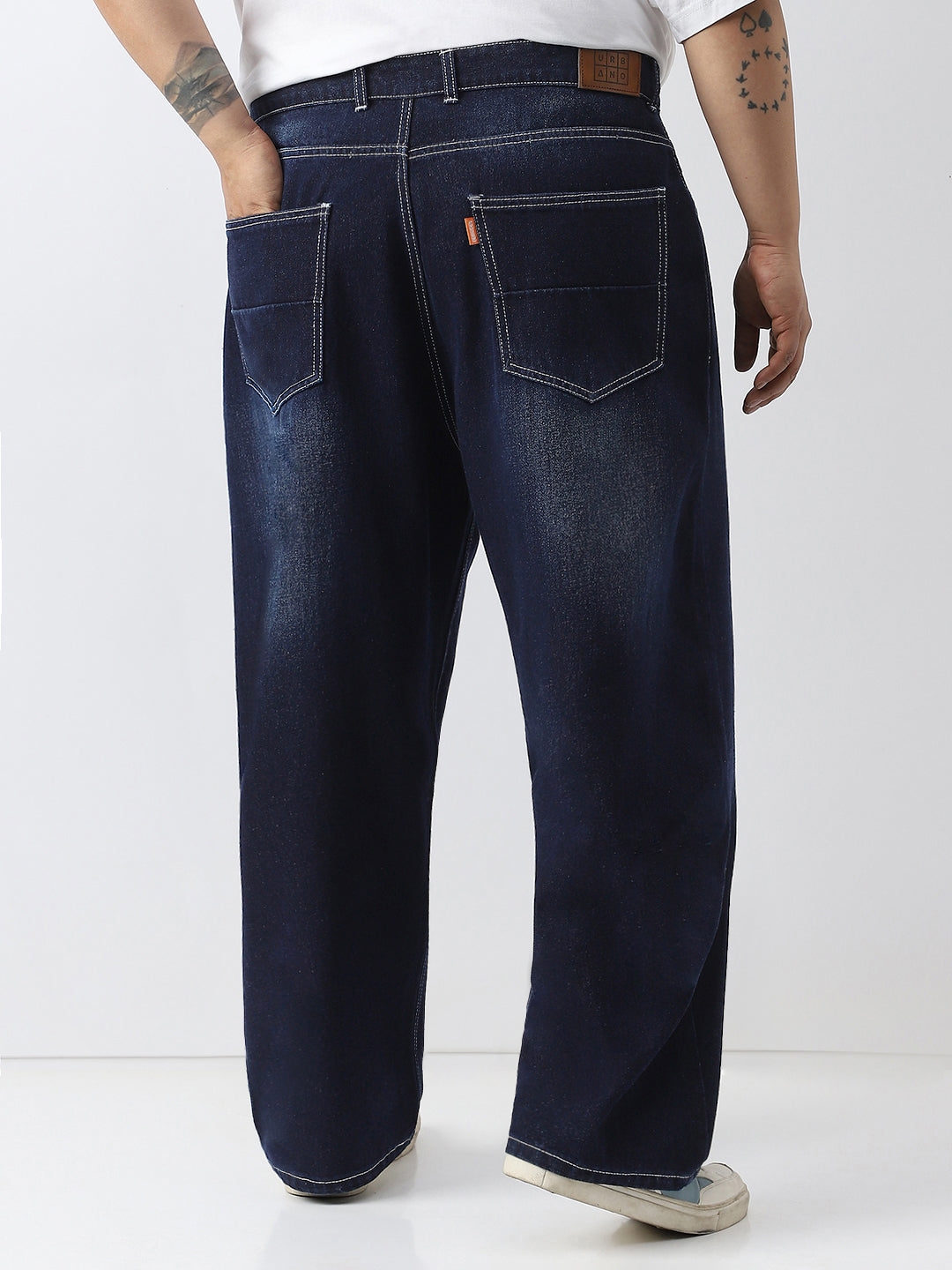 Plus Men's Dark Blue Loose Baggy Fit Washed Jeans Non-Stretchable