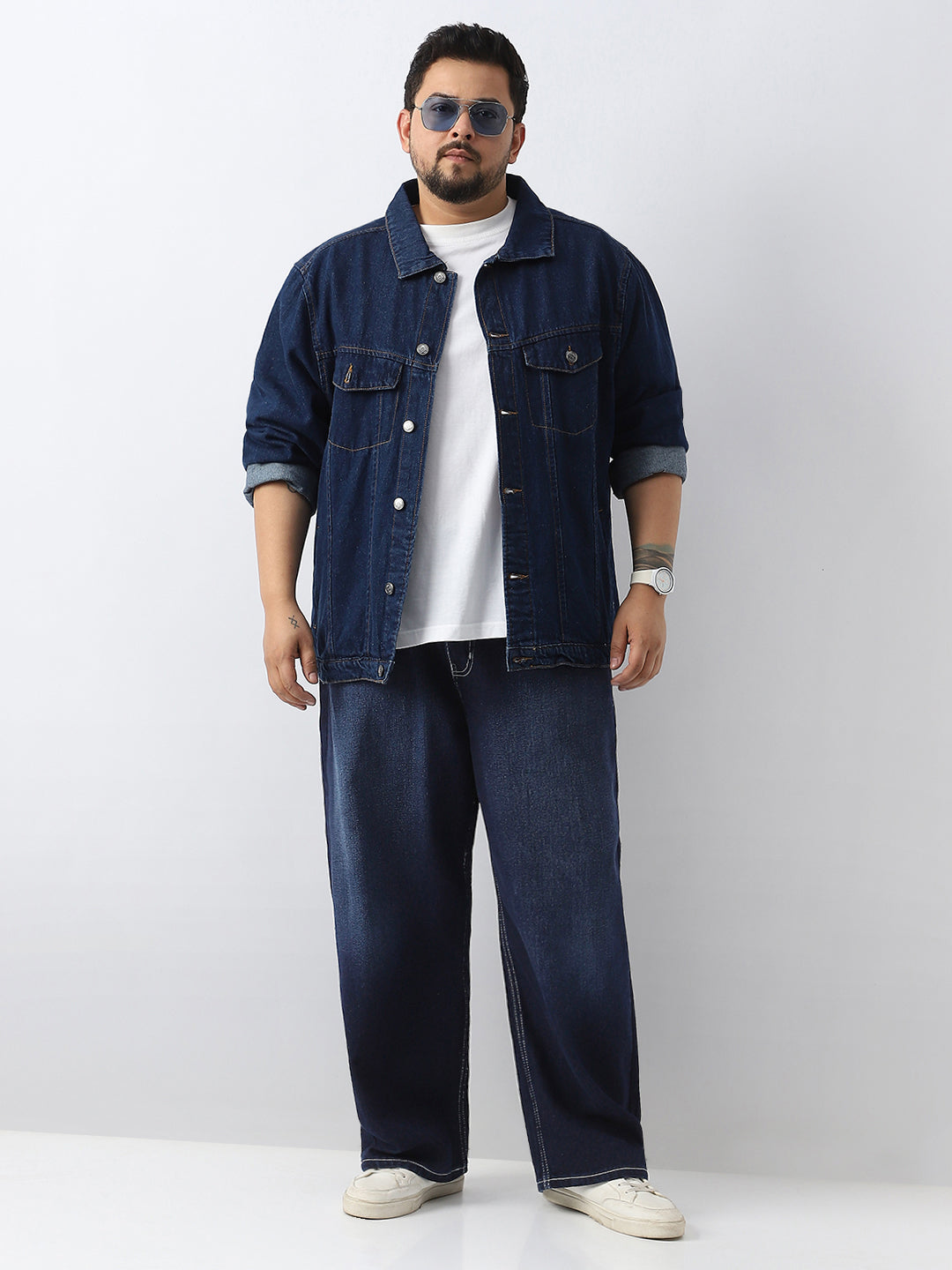Plus Men's Dark Blue Loose Baggy Fit Washed Jeans Non-Stretchable