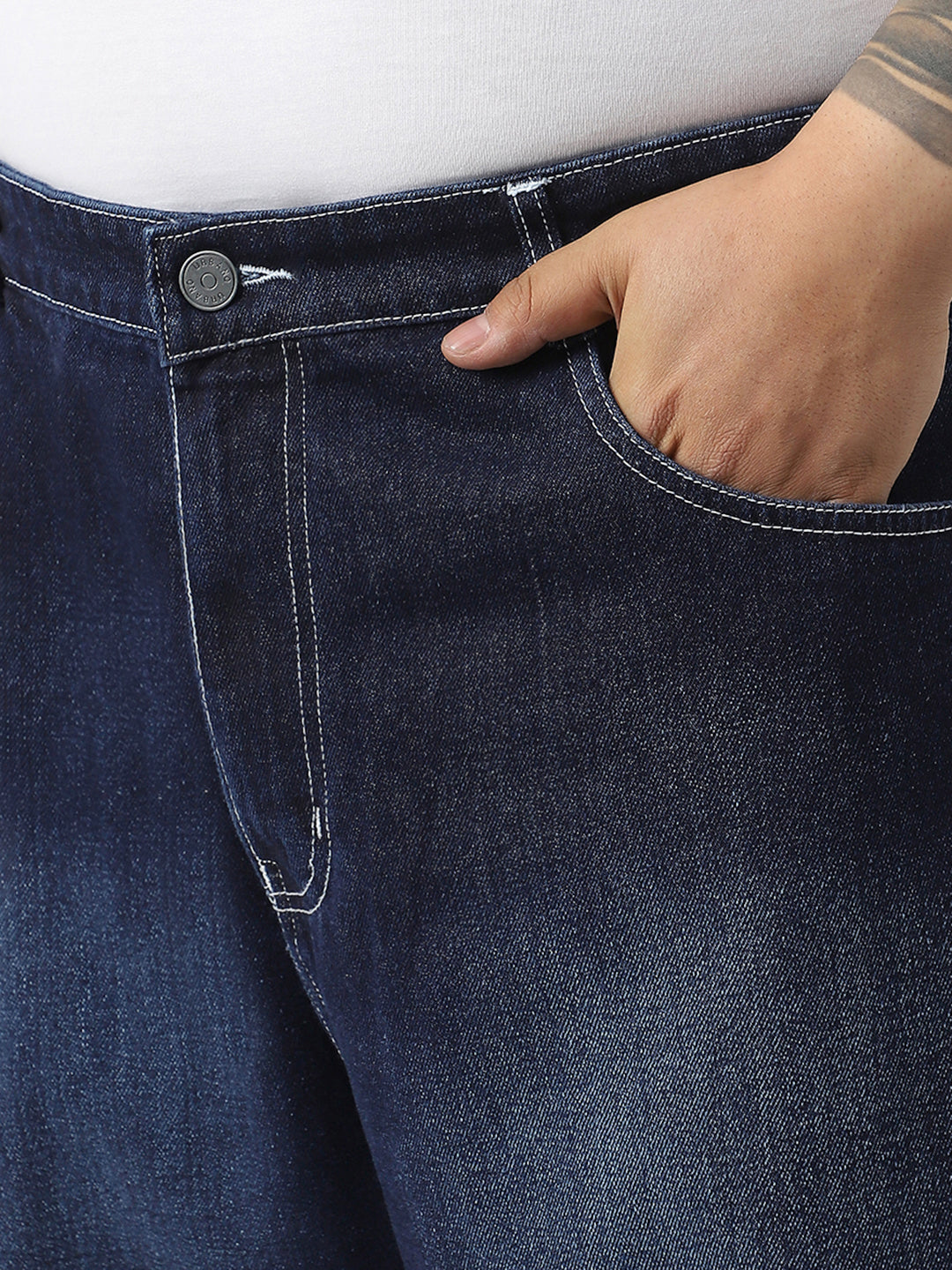 Plus Men's Dark Blue Loose Baggy Fit Washed Jeans Non-Stretchable