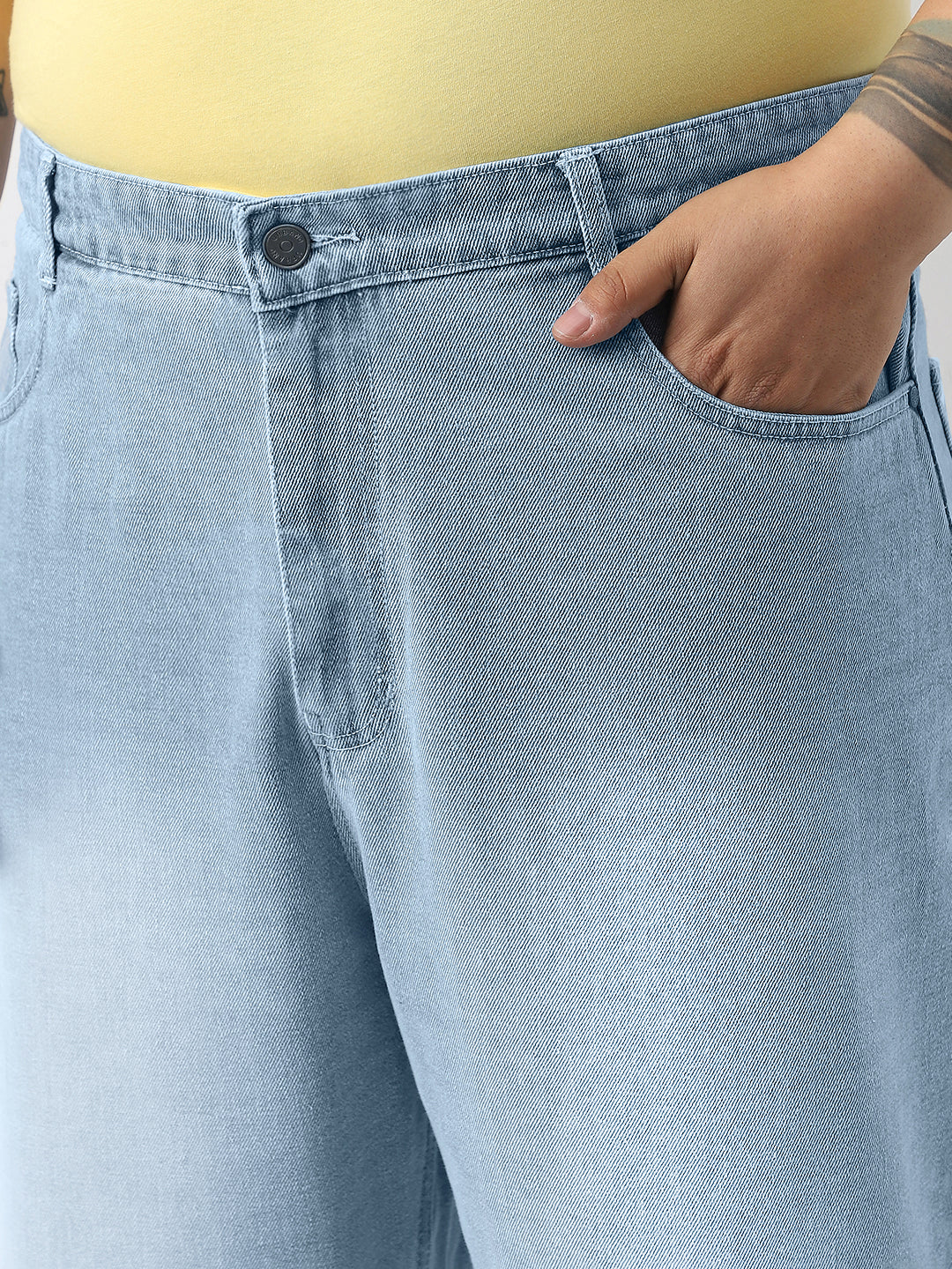 Plus Men's Ice Blue Loose Baggy Fit Washed Jeans Non-Stretchable