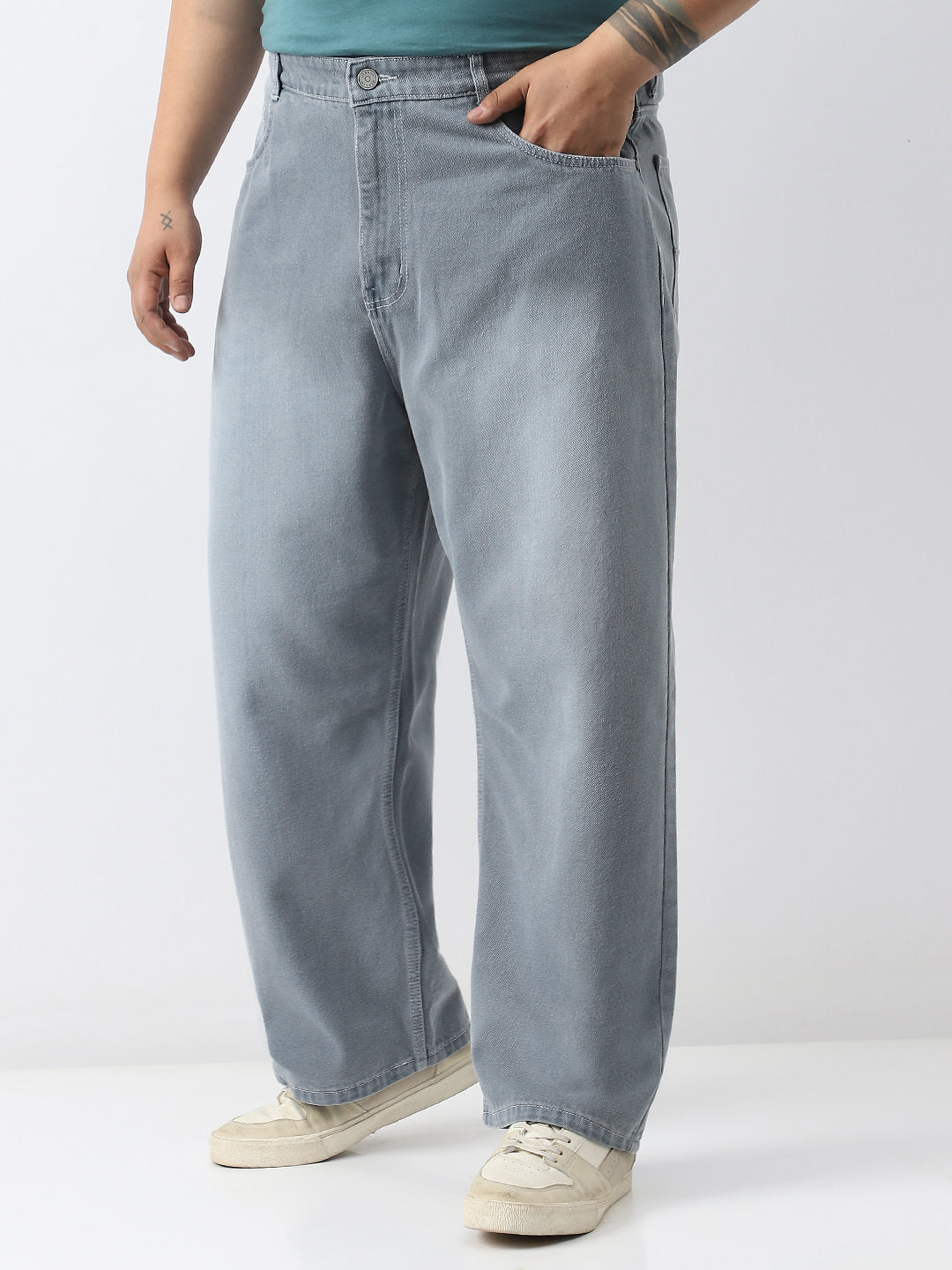 Plus Men's Light Grey Loose Baggy Fit Washed Jeans Non-Stretchable