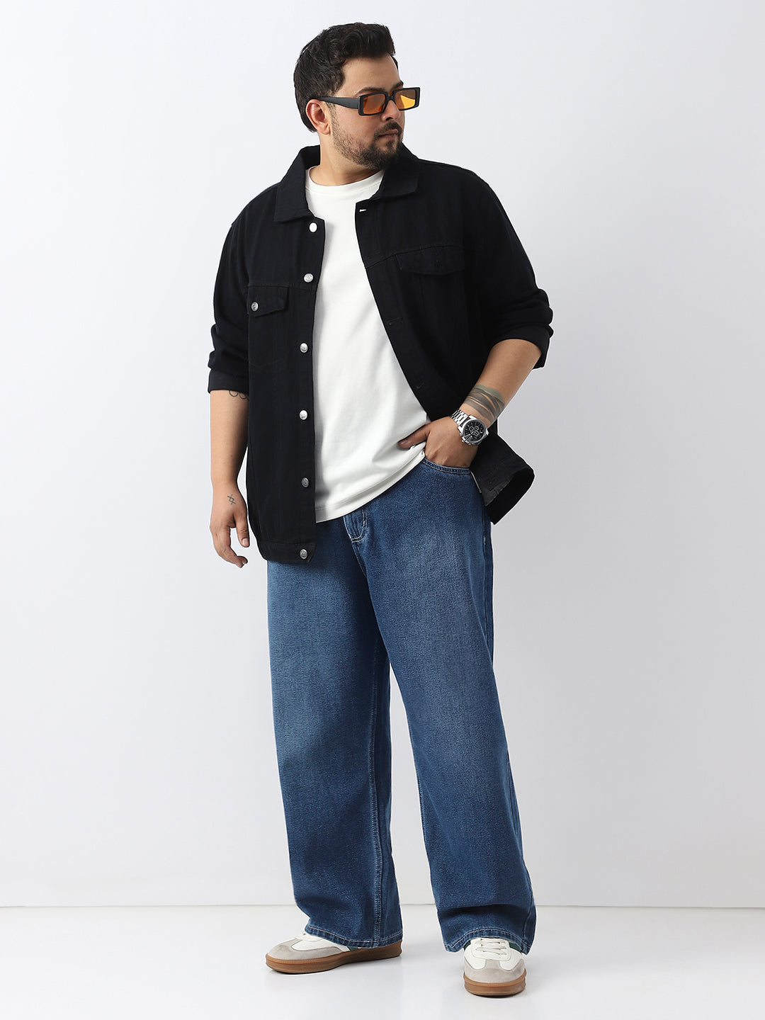 Plus Men's Blue Loose Baggy Fit Washed Jeans Non-Stretchable