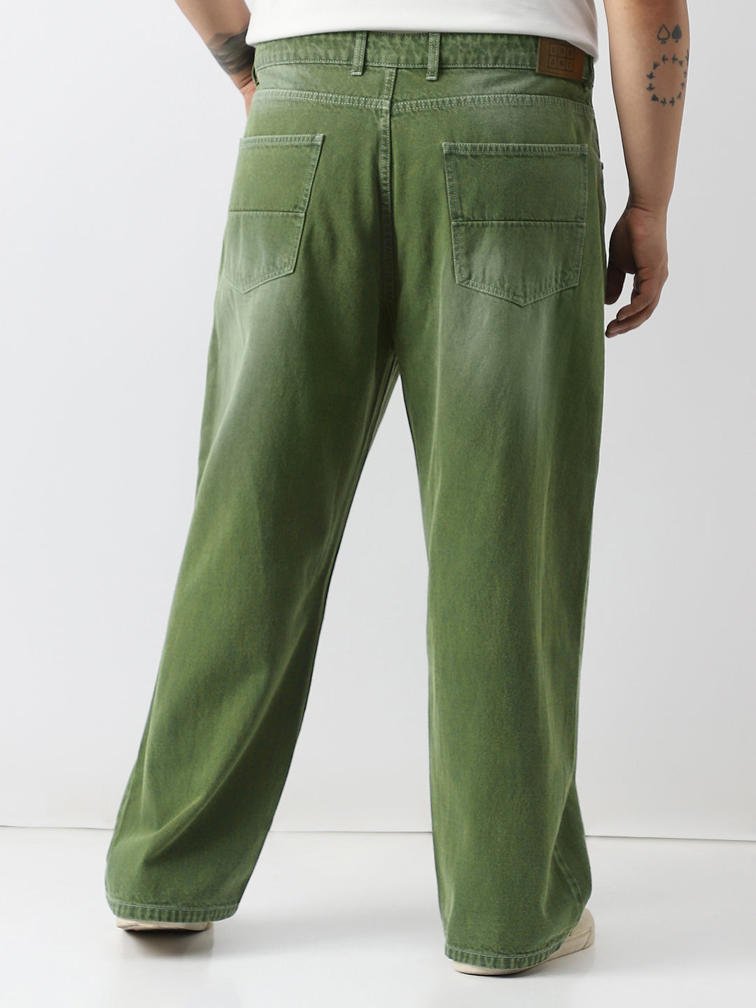Plus Men's Olive Loose Baggy Fit Washed Jeans Non-Stretchable