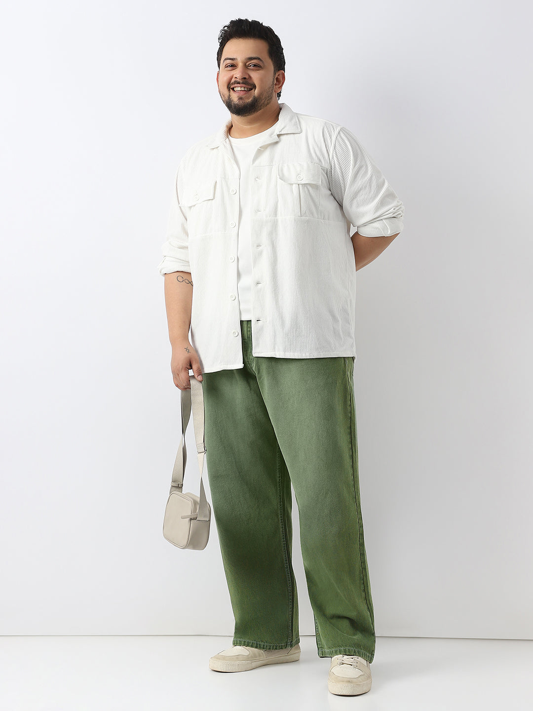 Plus Men's Olive Loose Baggy Fit Washed Jeans Non-Stretchable