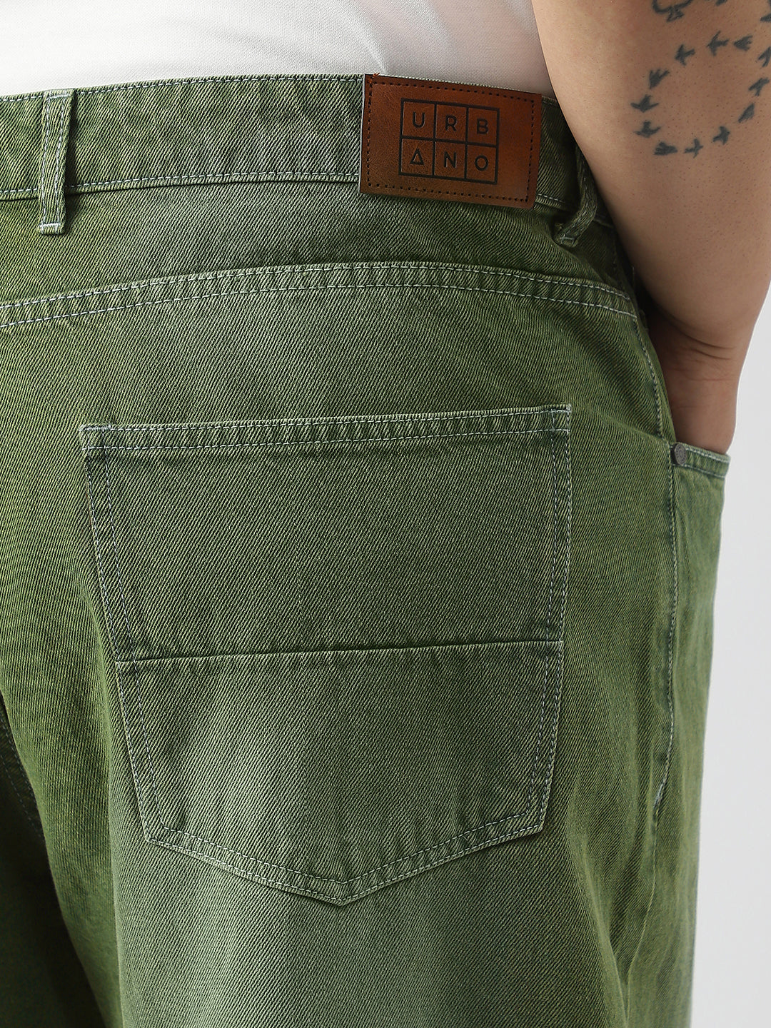 Plus Men's Olive Loose Baggy Fit Washed Jeans Non-Stretchable