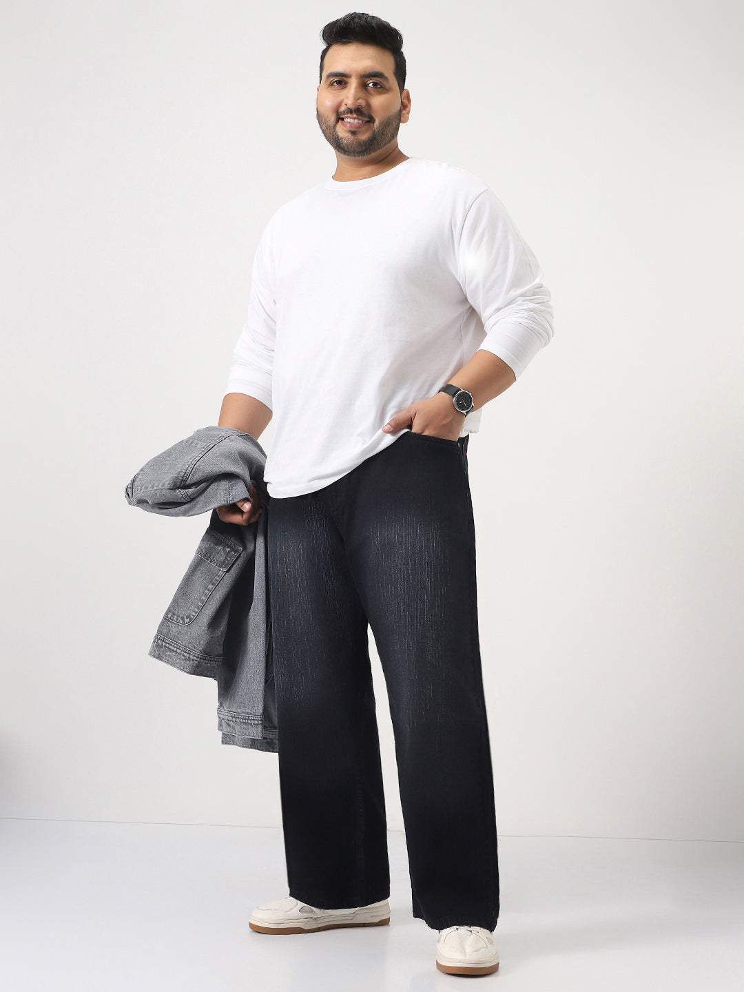 Plus Men's Black Loose Baggy Fit Washed Denim Jeans Non-Stretchable