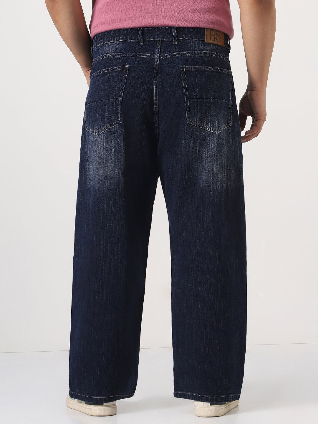 Plus Men's Dark Blue Loose Baggy Fit Washed Denim Jeans Non-Stretchable