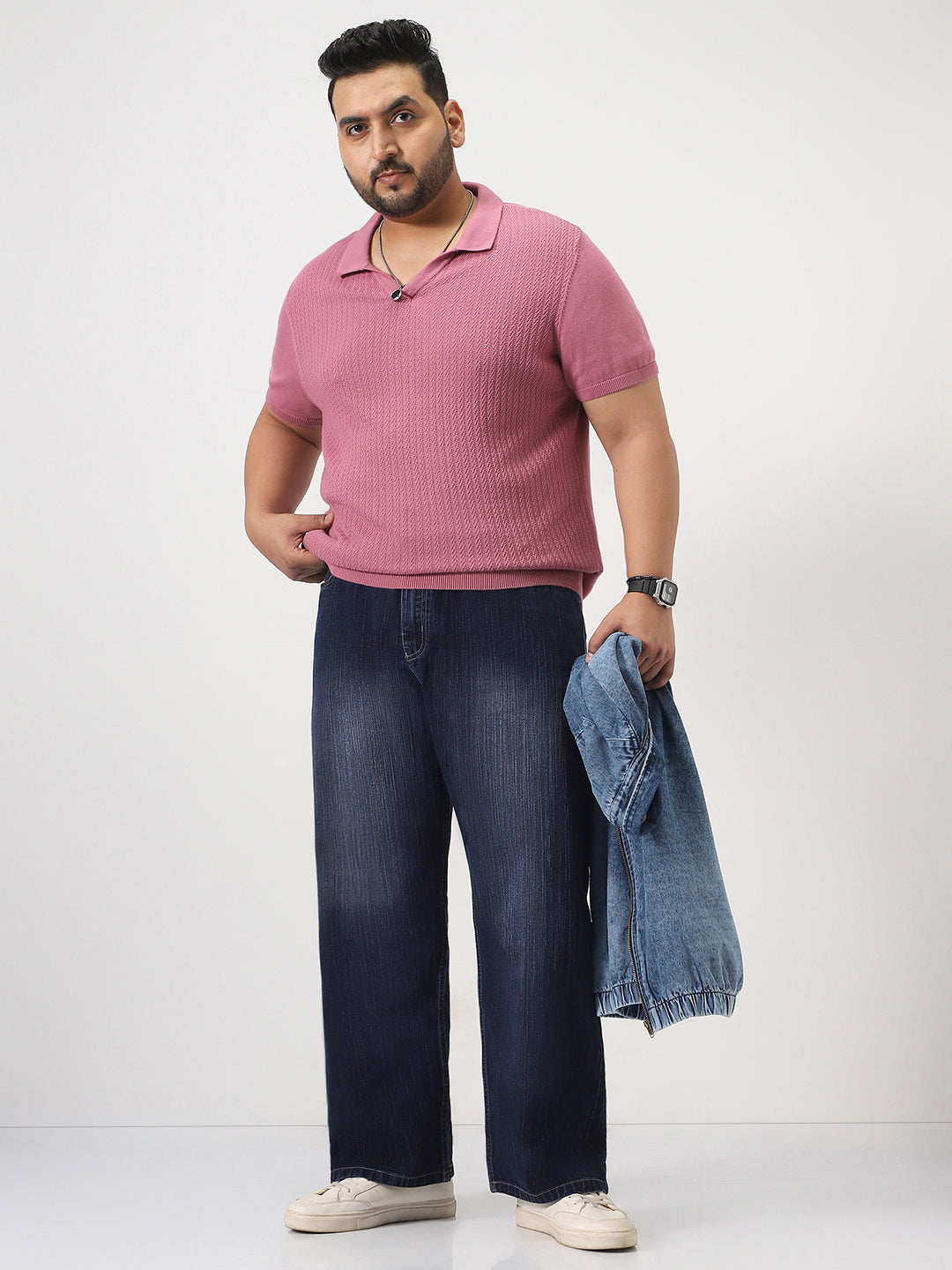 Plus Men's Dark Blue Loose Baggy Fit Washed Denim Jeans Non-Stretchable