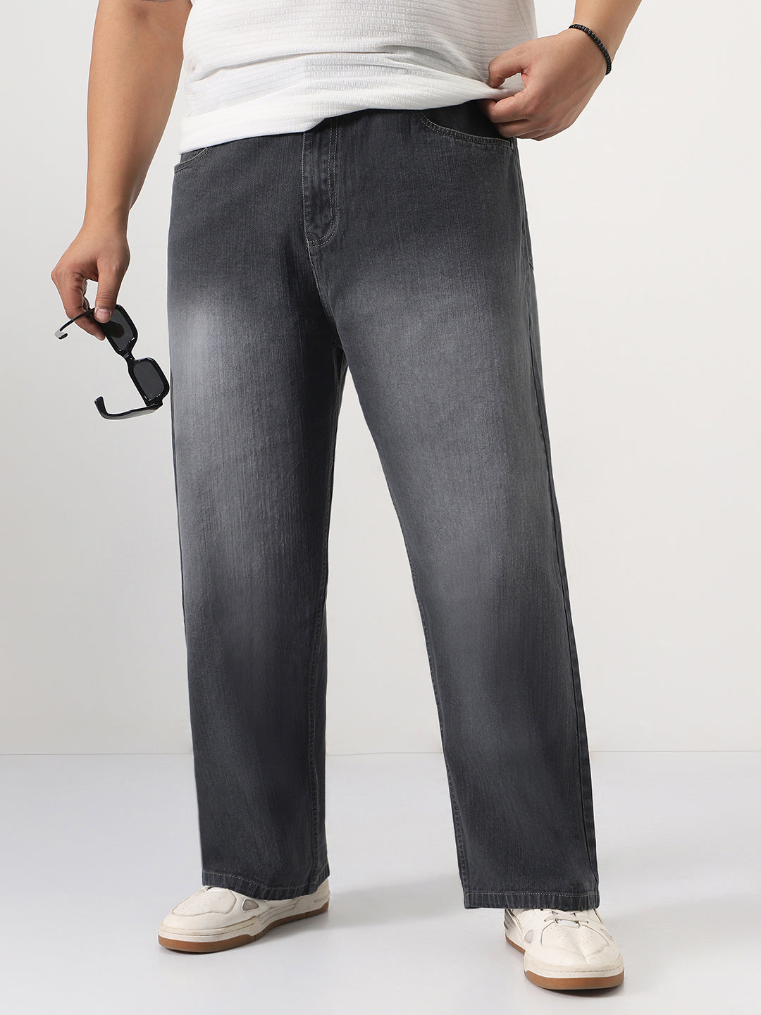 Plus Men's Dark Grey Loose Baggy Fit Washed Denim Jeans Non-Stretchable