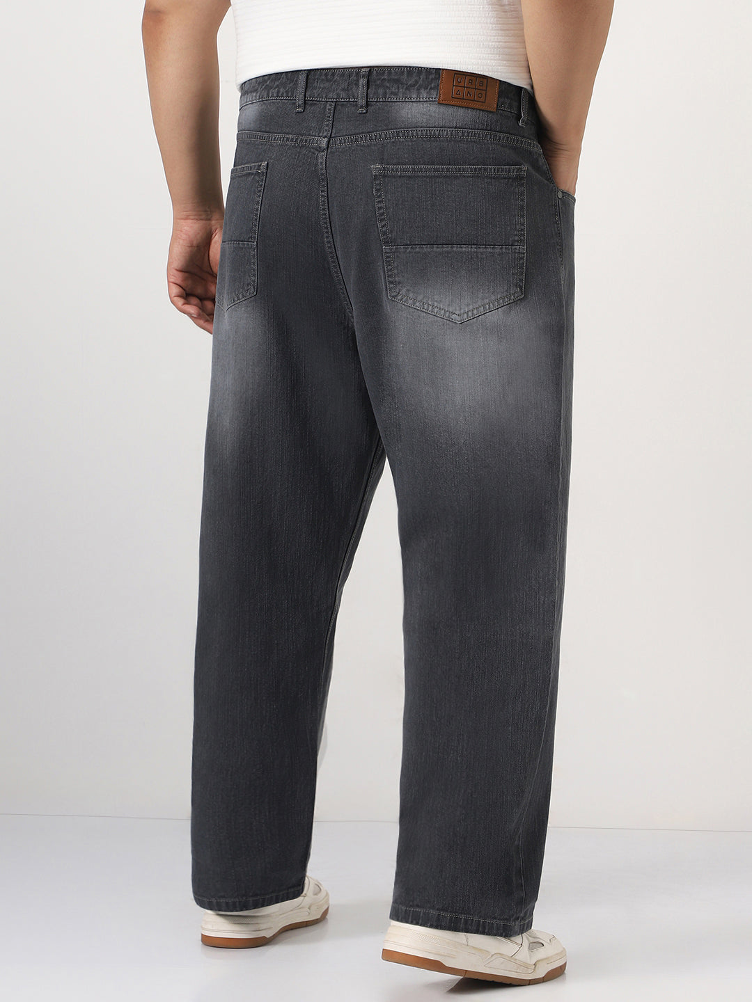 Plus Men's Dark Grey Loose Baggy Fit Washed Denim Jeans Non-Stretchable