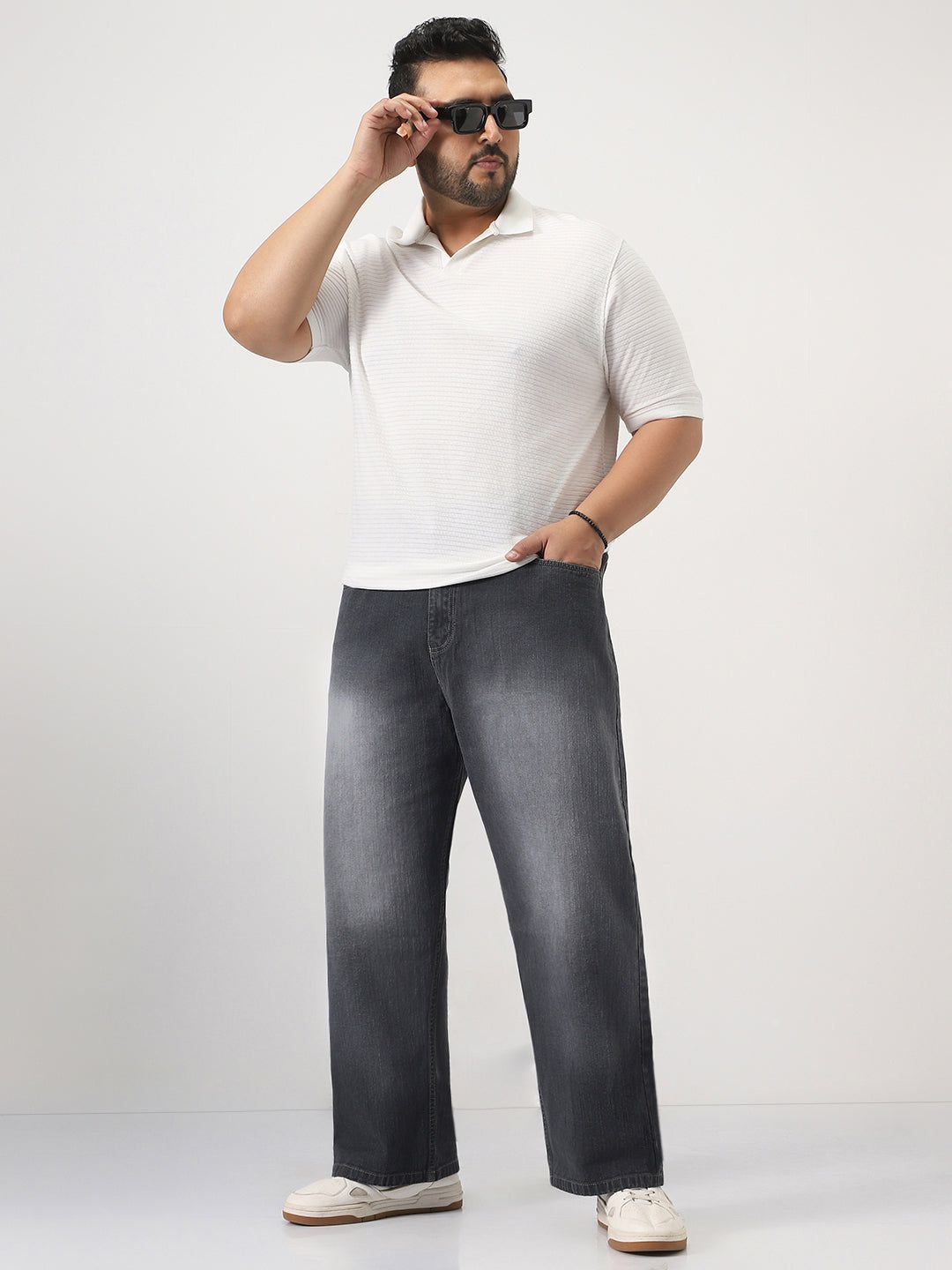 Plus Men's Dark Grey Loose Baggy Fit Washed Denim Jeans Non-Stretchable