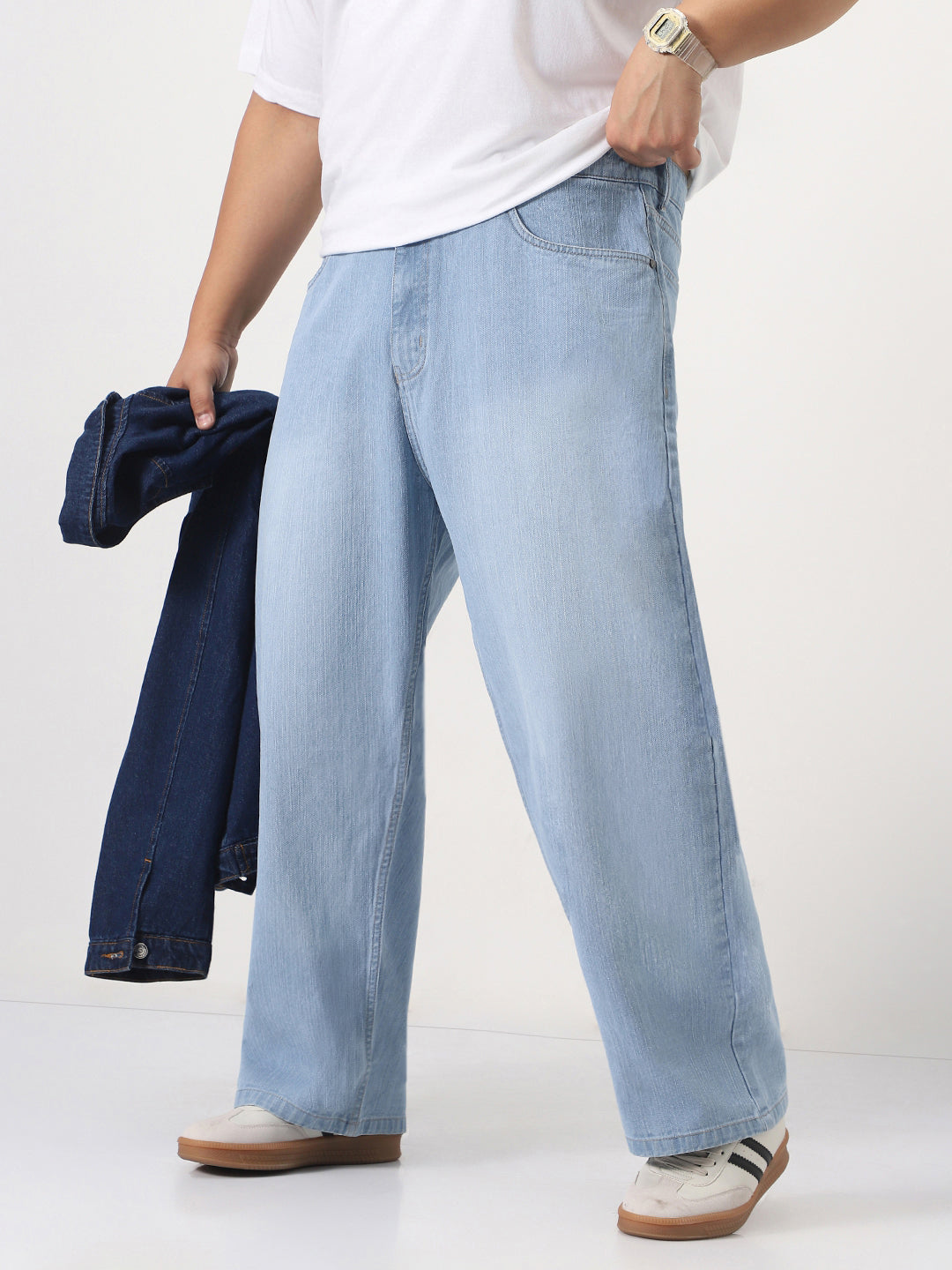 Plus Men's Ice Blue Loose Baggy Fit Washed Denim Jeans Non-Stretchable