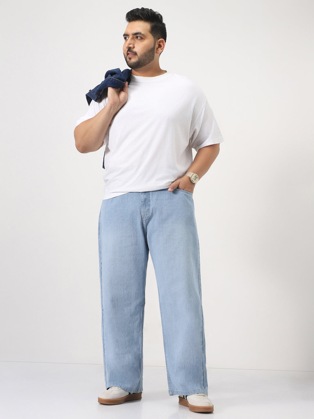 Plus Men's Ice Blue Loose Baggy Fit Washed Denim Jeans Non-Stretchable