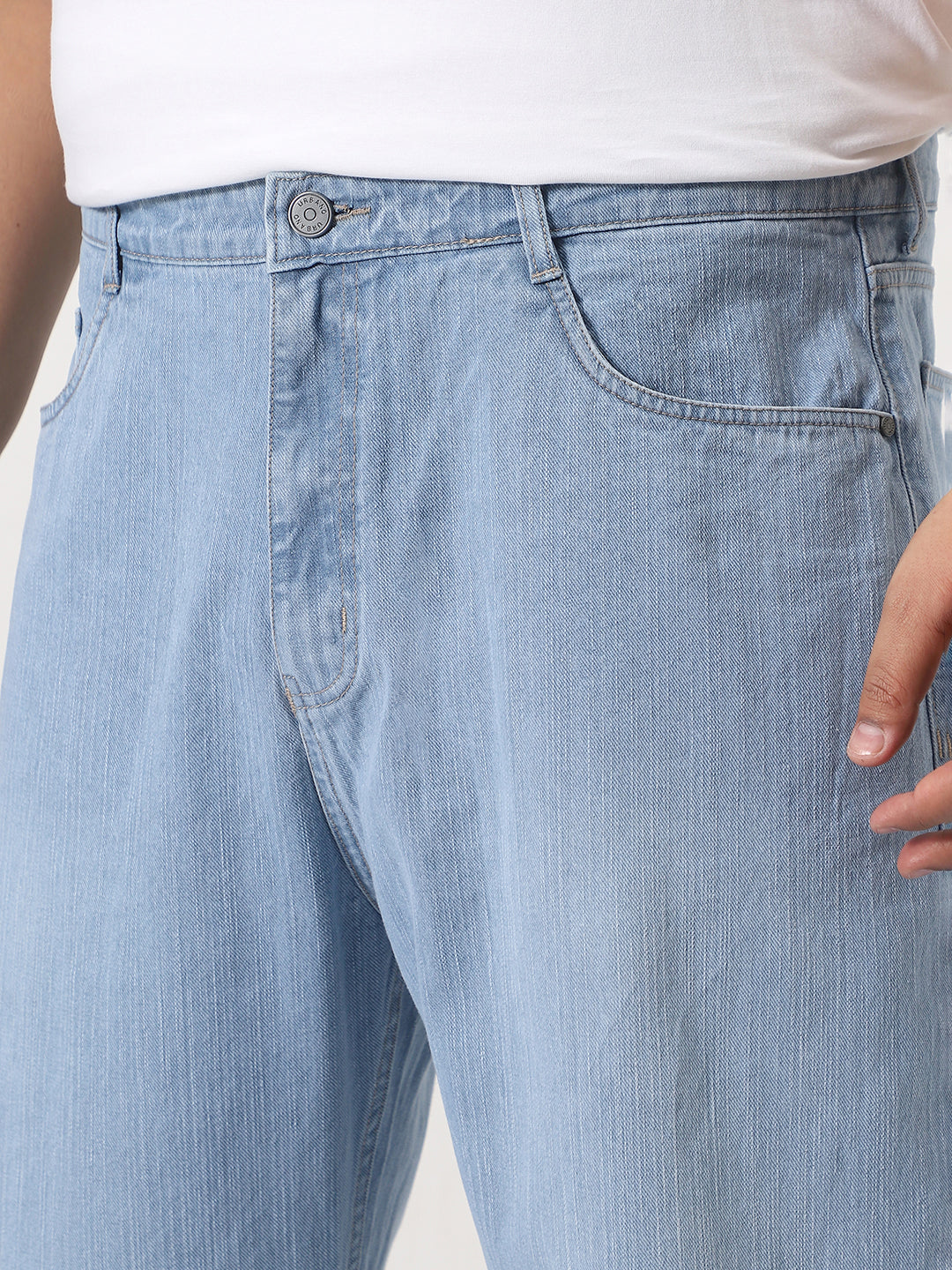 Plus Men's Ice Blue Loose Baggy Fit Washed Denim Jeans Non-Stretchable