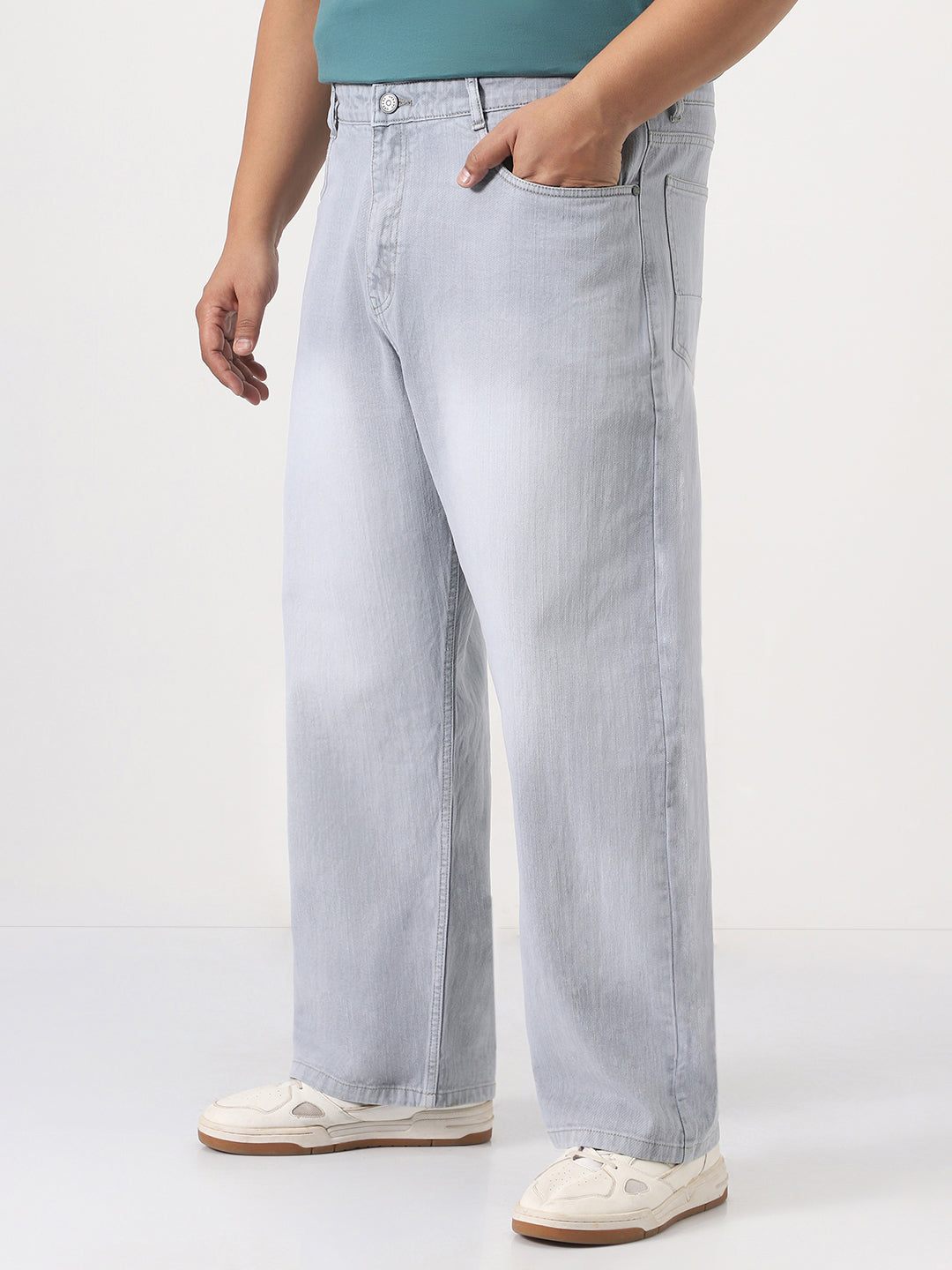 Plus Men's Ice Grey Loose Baggy Fit Washed Denim Jeans Non-Stretchable