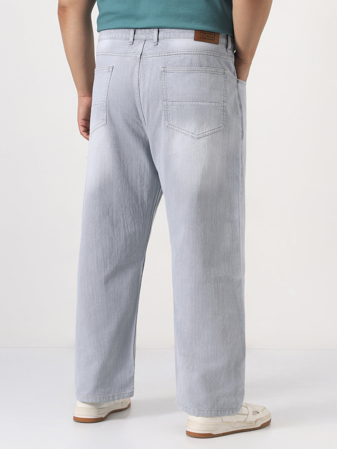 Plus Men's Ice Grey Loose Baggy Fit Washed Denim Jeans Non-Stretchable