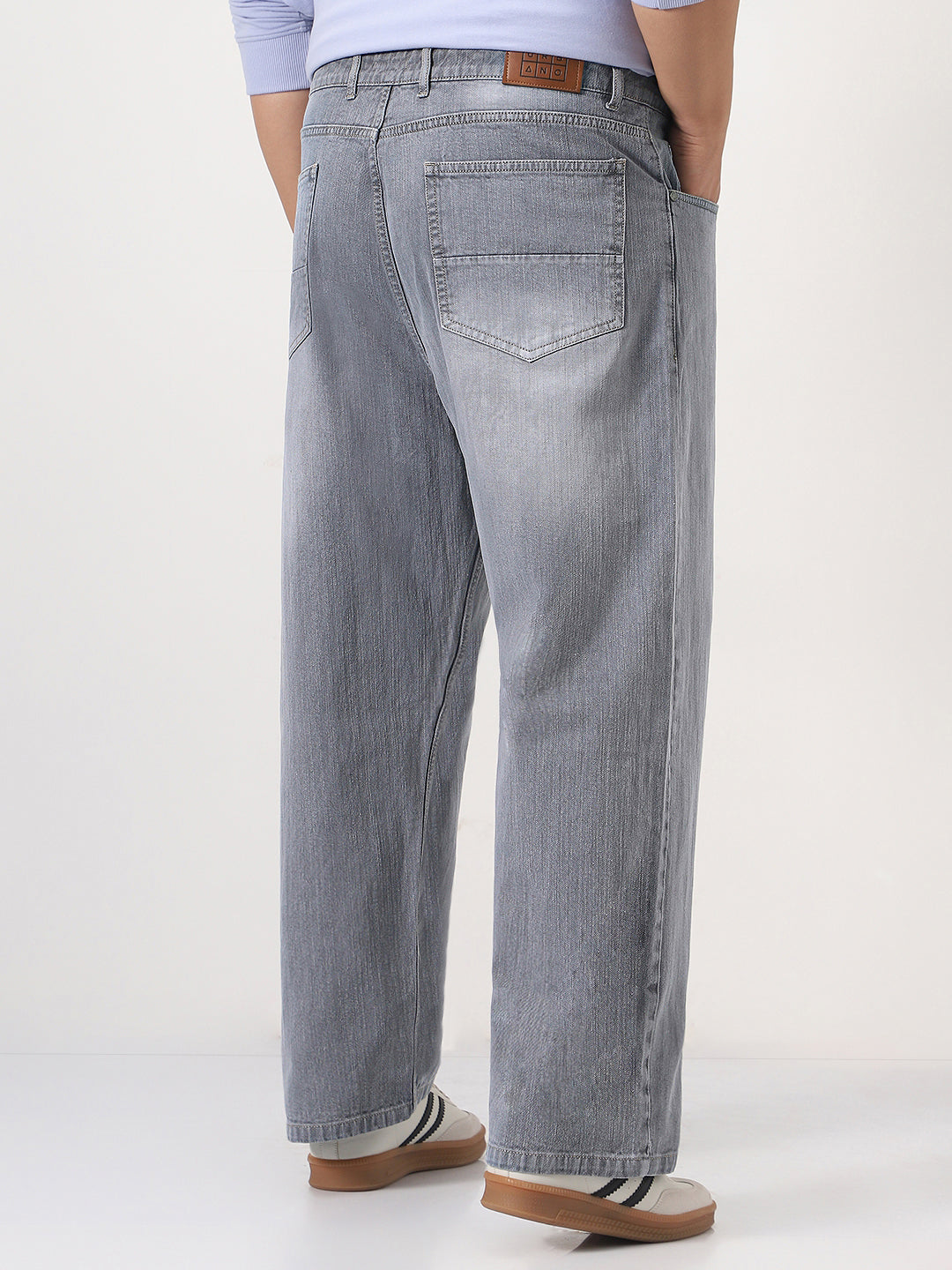 Plus Men's Light Grey Loose Baggy Fit Washed Denim Jeans Non-Stretchable