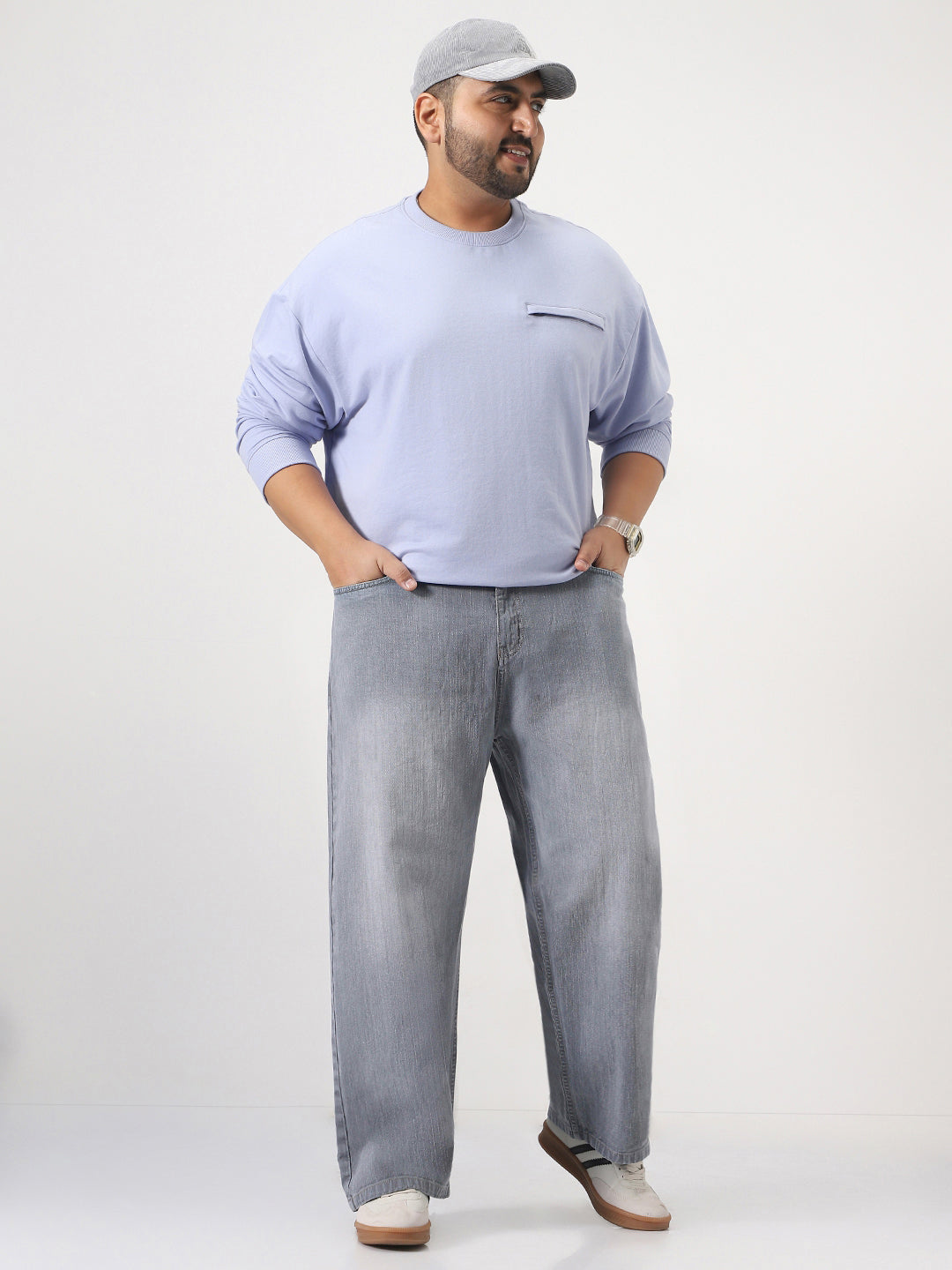Plus Men's Light Grey Loose Baggy Fit Washed Denim Jeans Non-Stretchable
