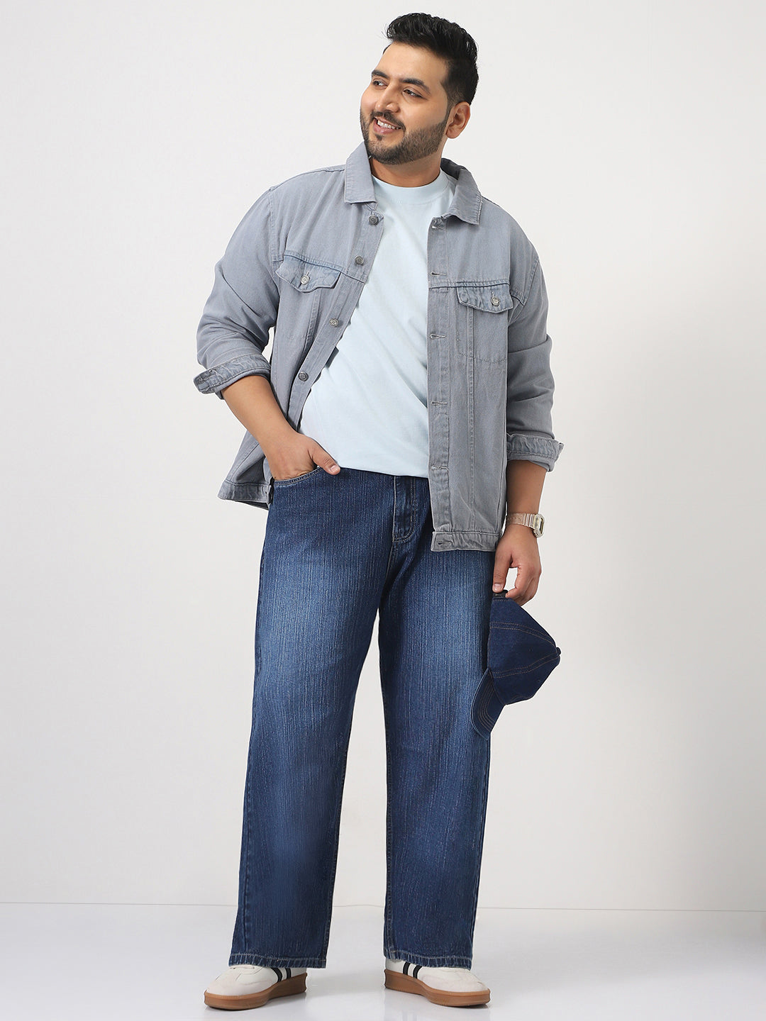 Plus Men's Blue Loose Baggy Fit Washed Denim Jeans Non-Stretchable