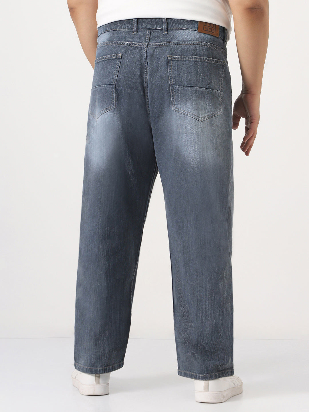 Plus Men's Grey Loose Baggy Fit Washed Denim Jeans Non-Stretchable