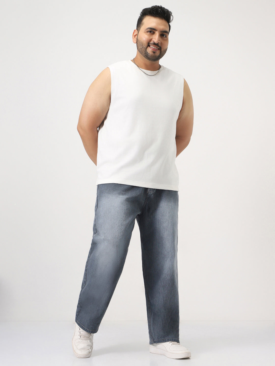 Plus Men's Grey Loose Baggy Fit Washed Denim Jeans Non-Stretchable