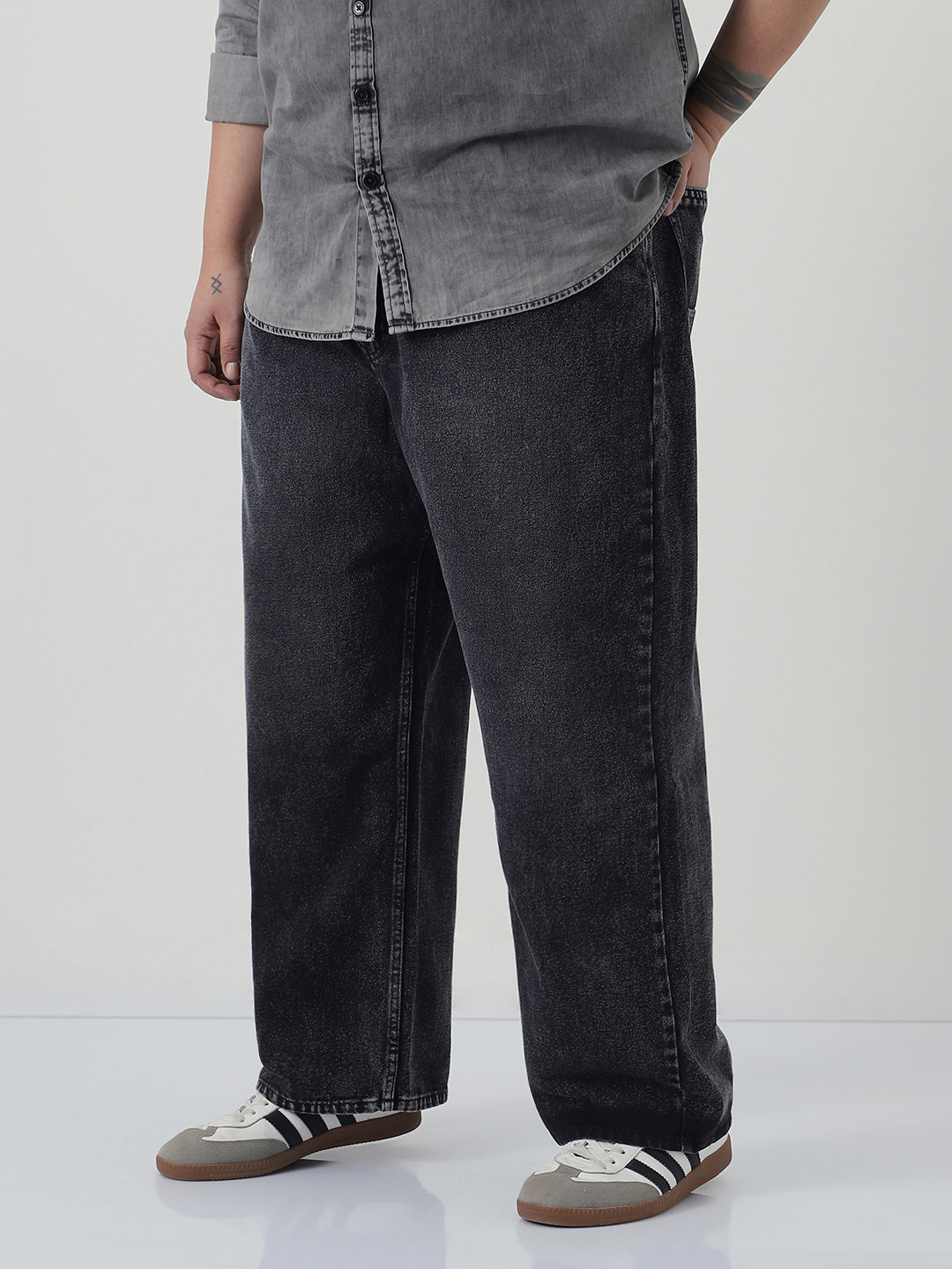 Plus Men's Black Loose Baggy Fit Heavy Washed Jeans Non-Stretchable