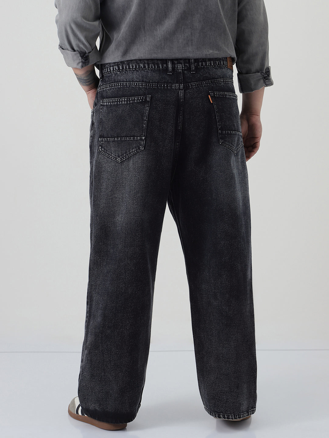 Plus Men's Black Loose Baggy Fit Heavy Washed Jeans Non-Stretchable