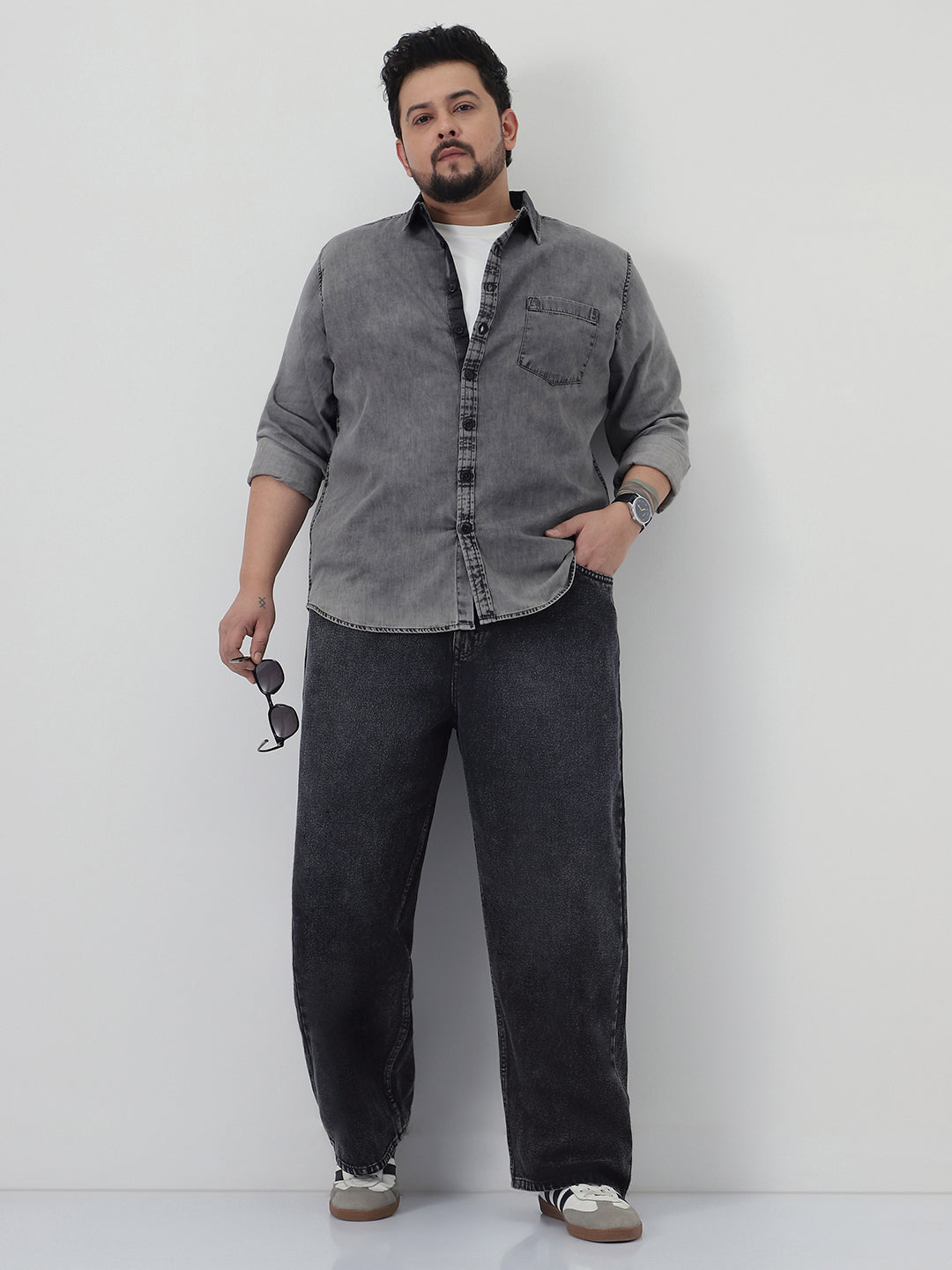 Plus Men's Black Loose Baggy Fit Heavy Washed Jeans Non-Stretchable